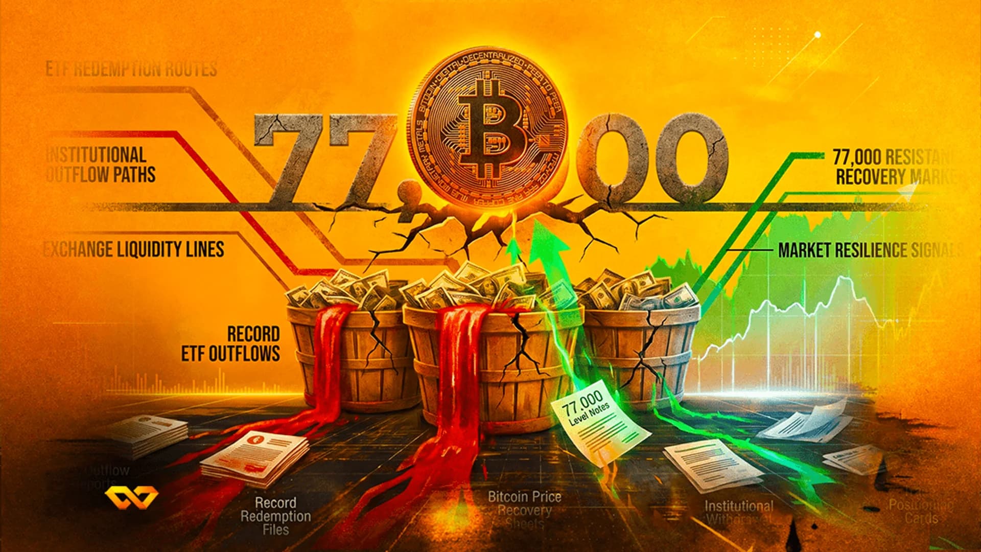 Bitcoin coin centered between stone numbers 77 and 00 above buckets of cash with red liquid spilling out.