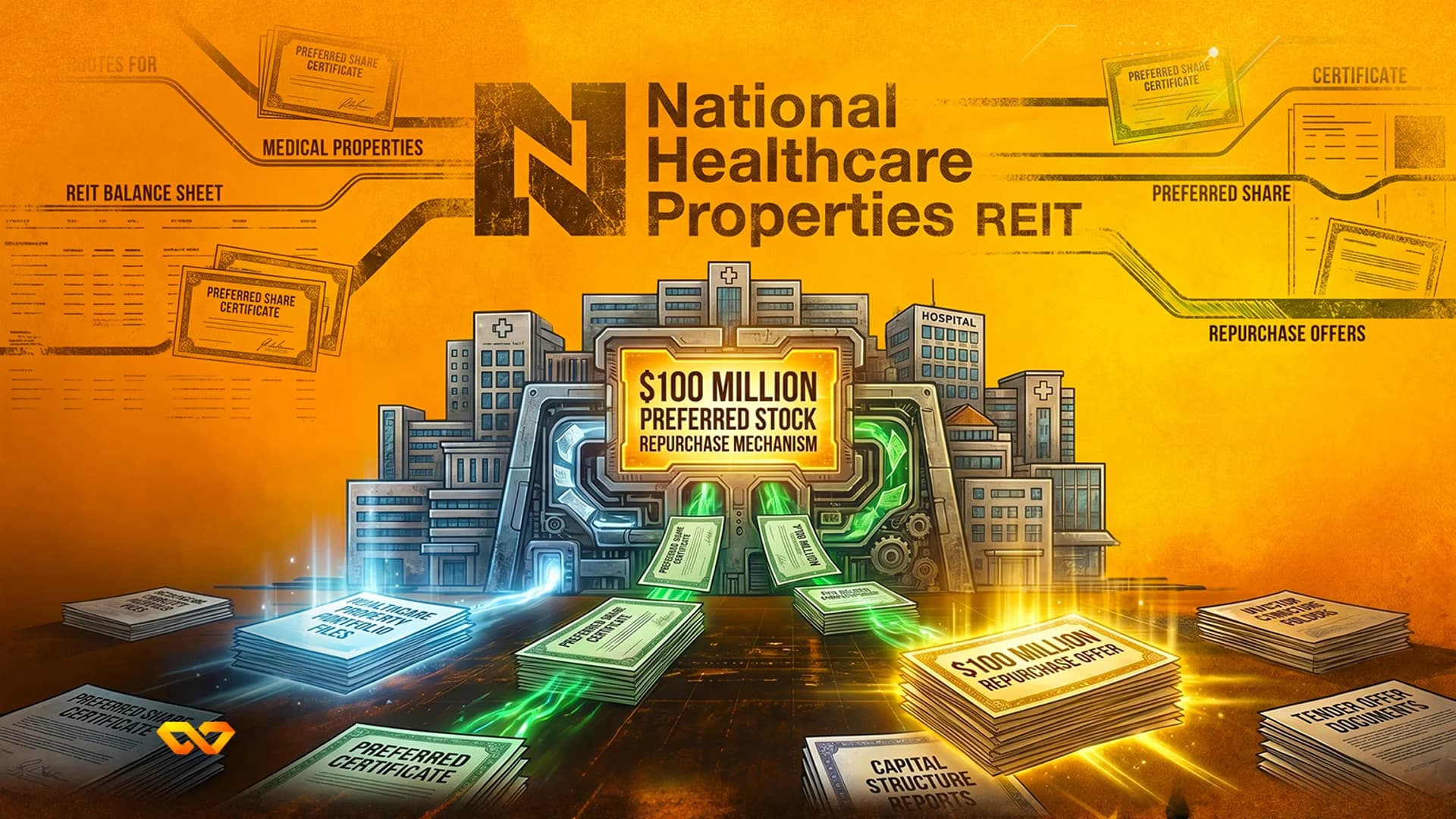 Stylized orange illustration of a medical property REIT with a central stock repurchase mechanism and flying documents.