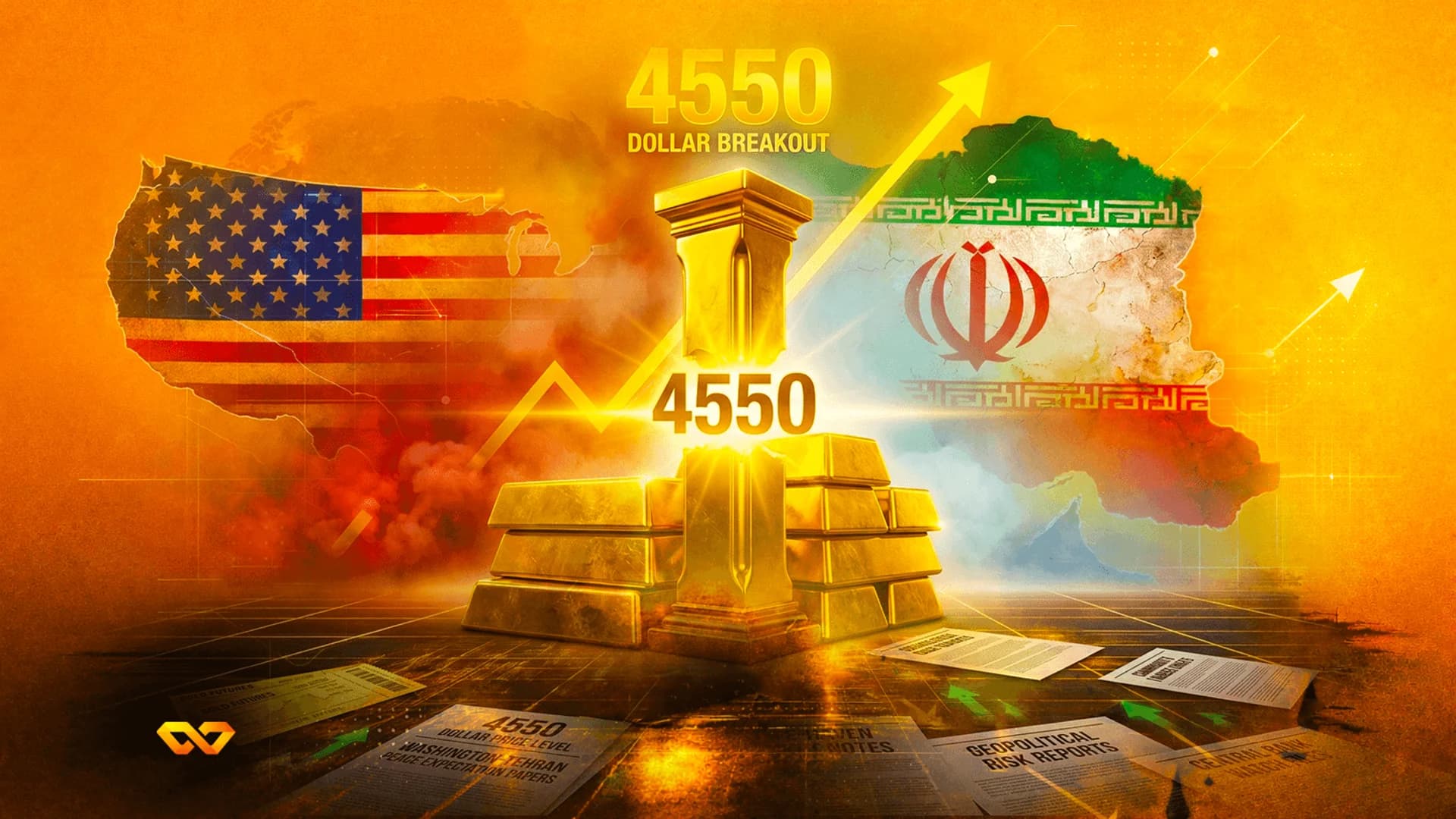 Golden pillar and bars between US and Iranian flags on a map, with upward arrows and financial papers.