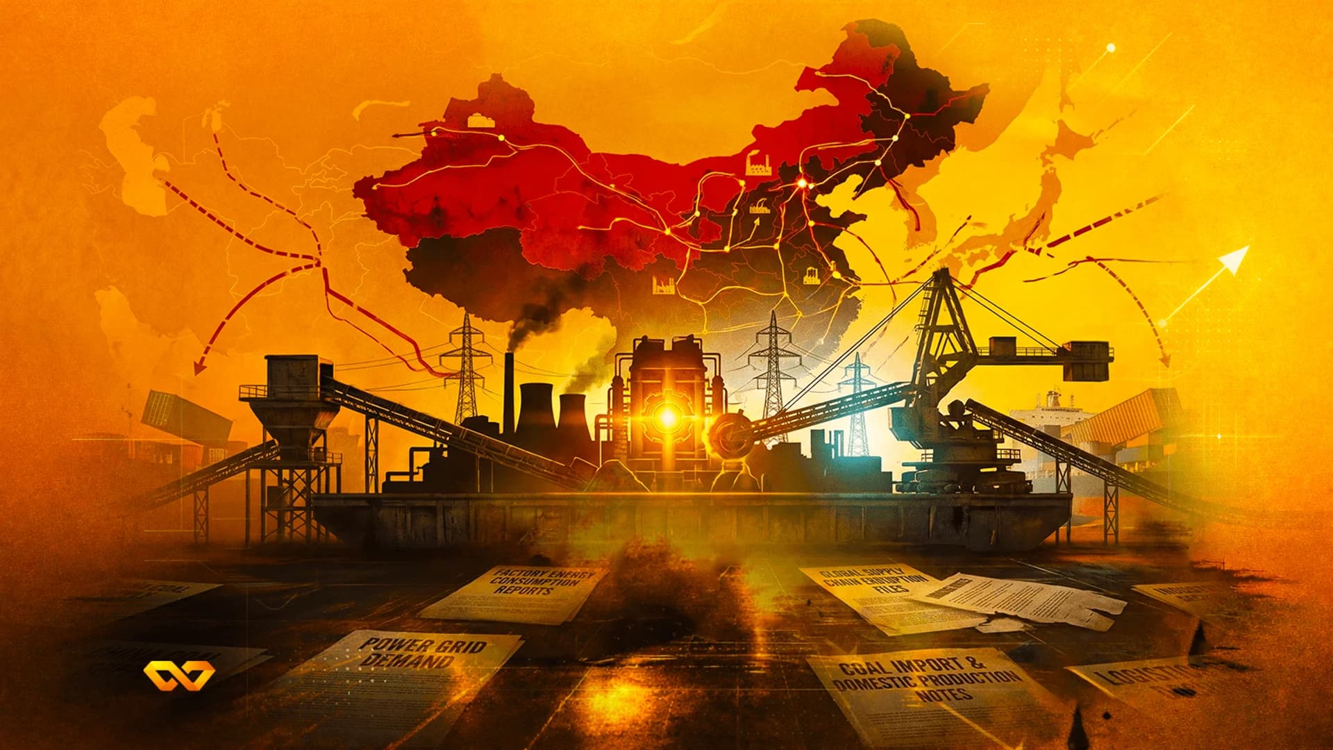 Stylized industrial scene with a red map of China, factory silhouettes, power lines, and scattered documents.