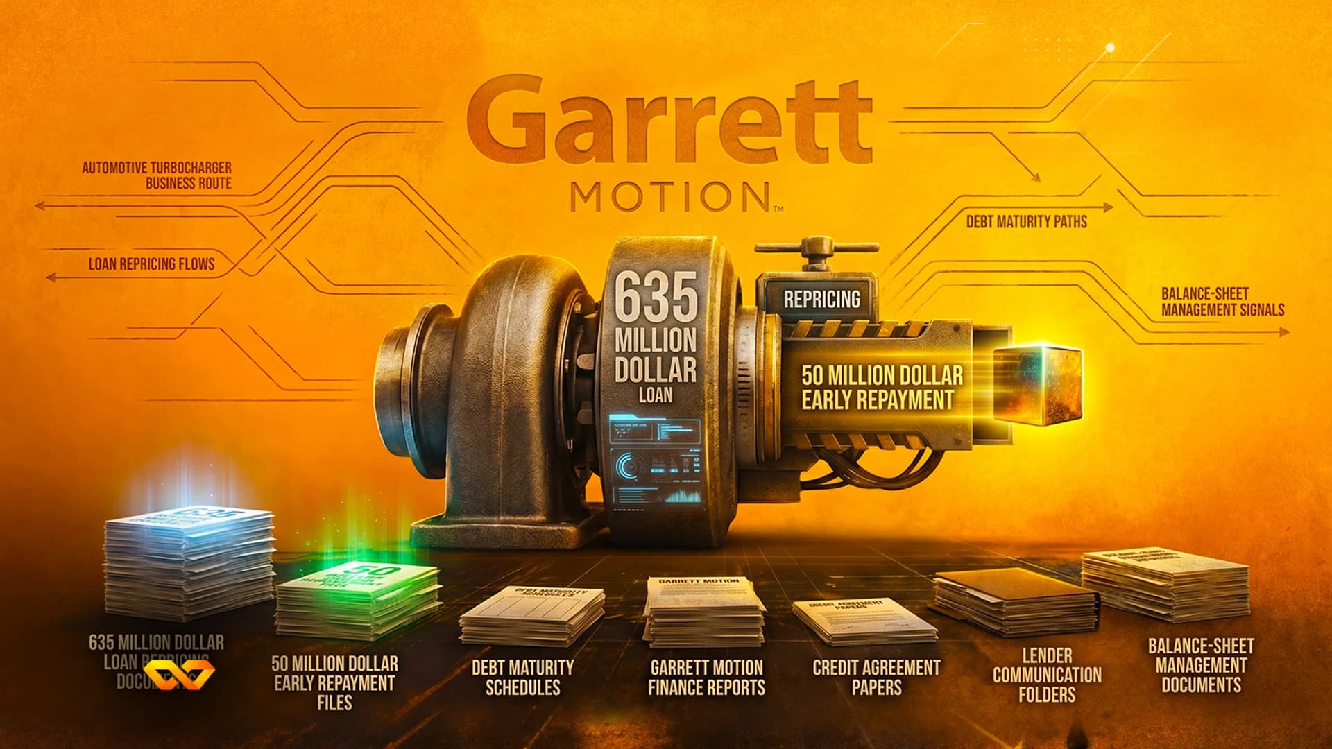 Industrial turbocharger machine with financial text labels and stacks of documents on an orange background.