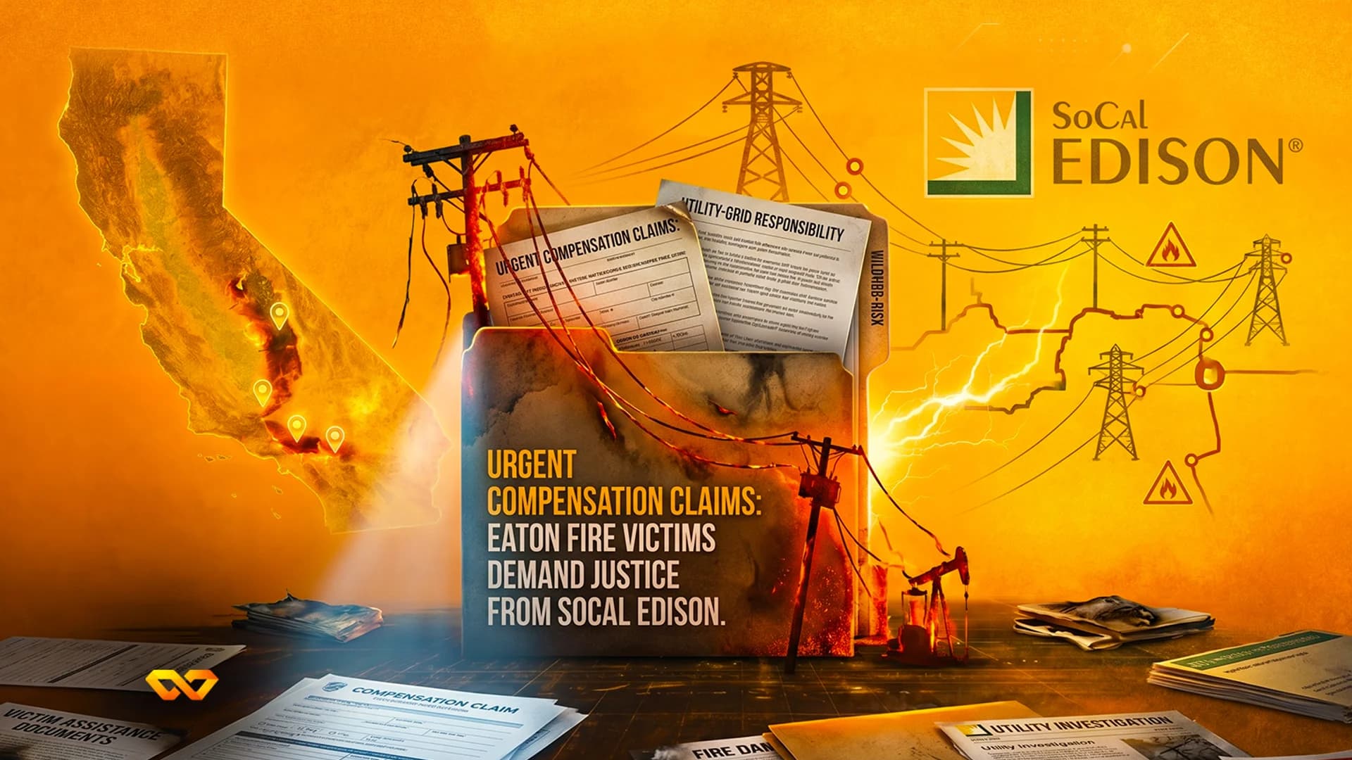 Collage with SoCal Edison logo, California map, power lines, and documents regarding fire compensation claims.