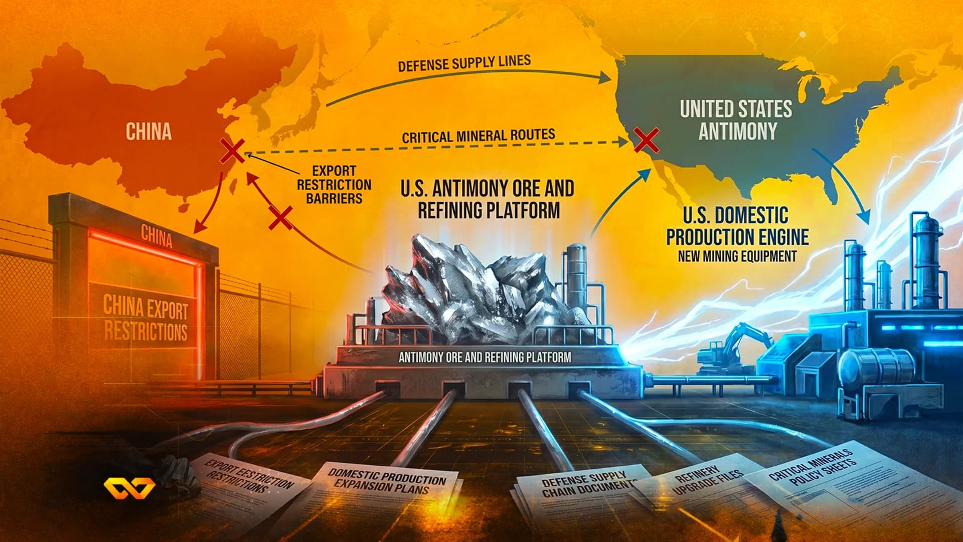 Infographic showing antimony supply routes between China and the US, with industrial refining equipment and documents.