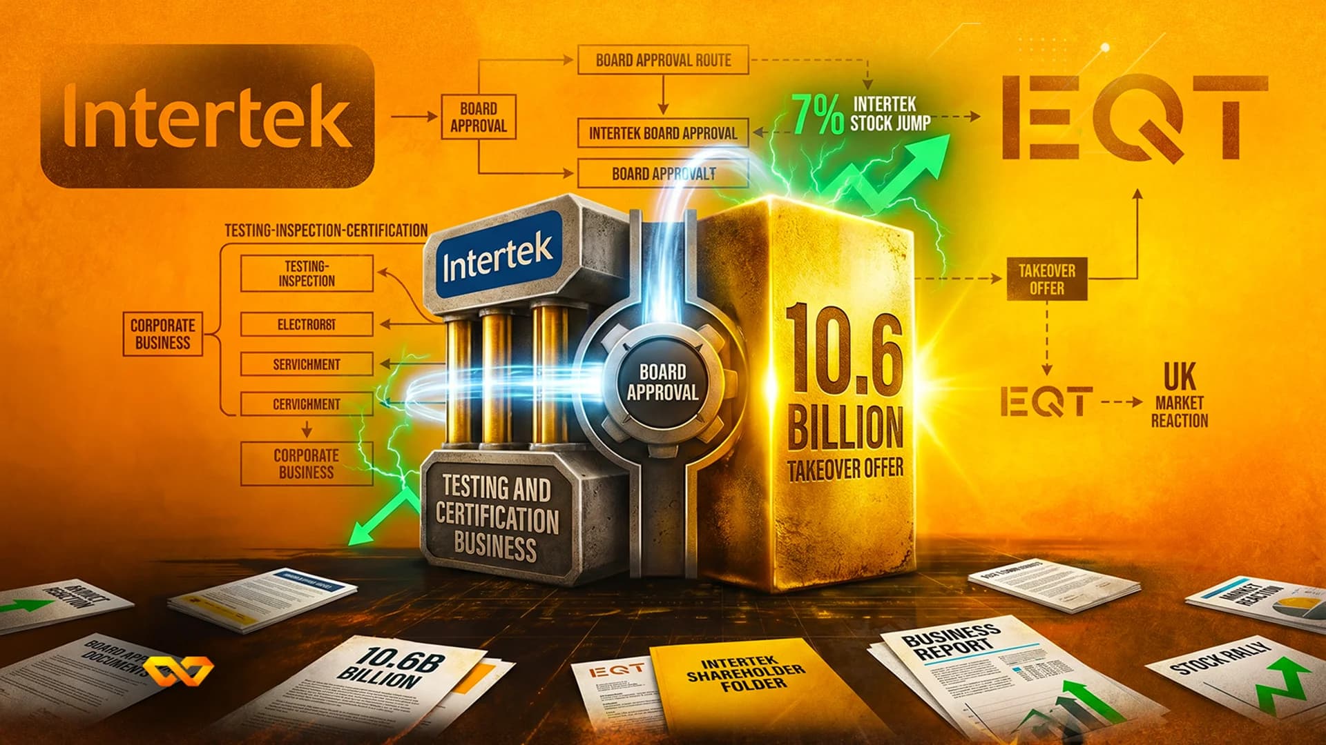 Illustration of a 10.6 billion takeover offer for Intertek by EQT, featuring logos, charts, and financial documents.