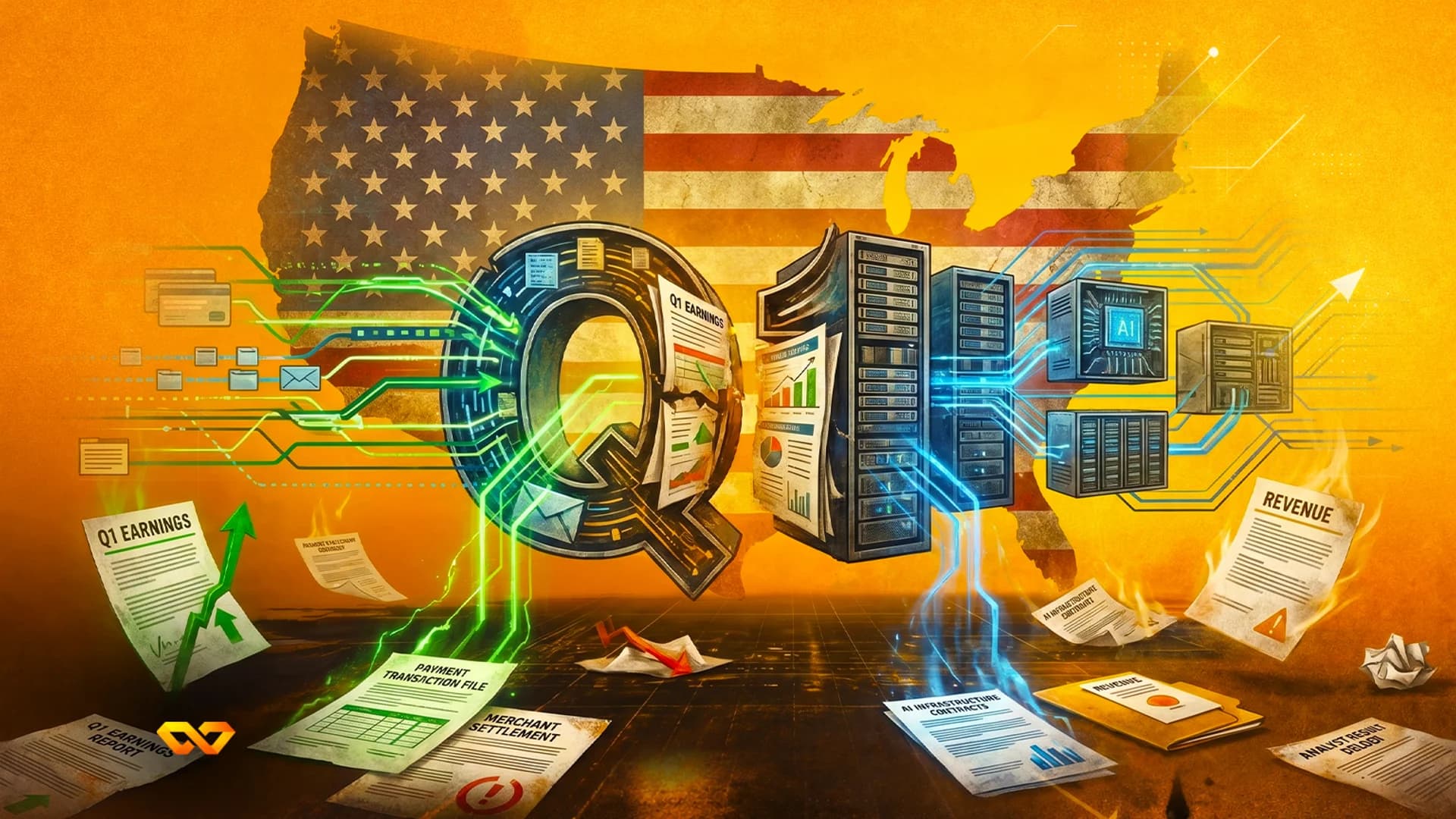 A large letter Q surrounded by server racks, data lines, and financial documents against a US flag map background.