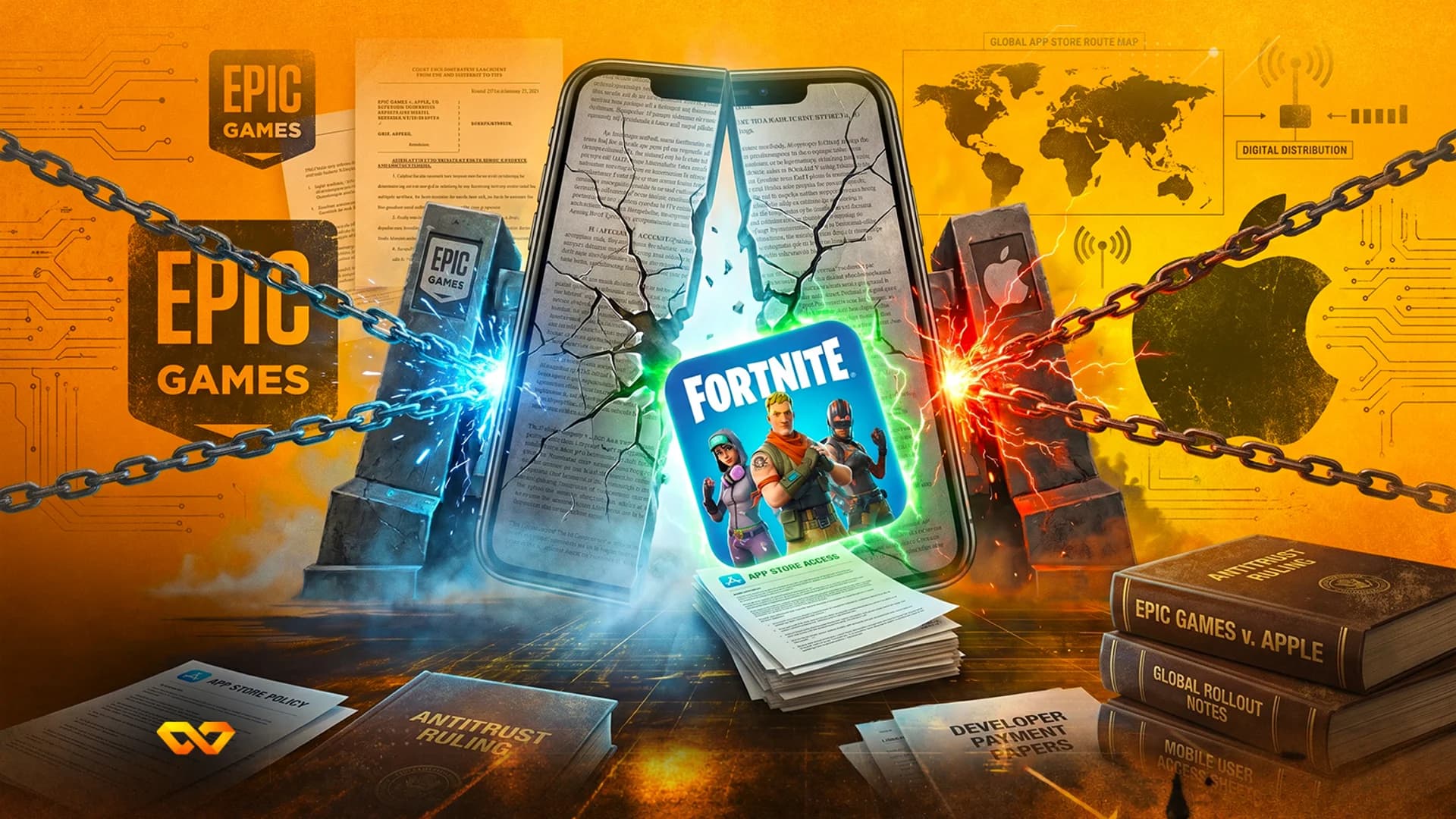 Digital illustration of Epic Games and Apple logos, a cracked smartphone, broken chains, and legal documents.