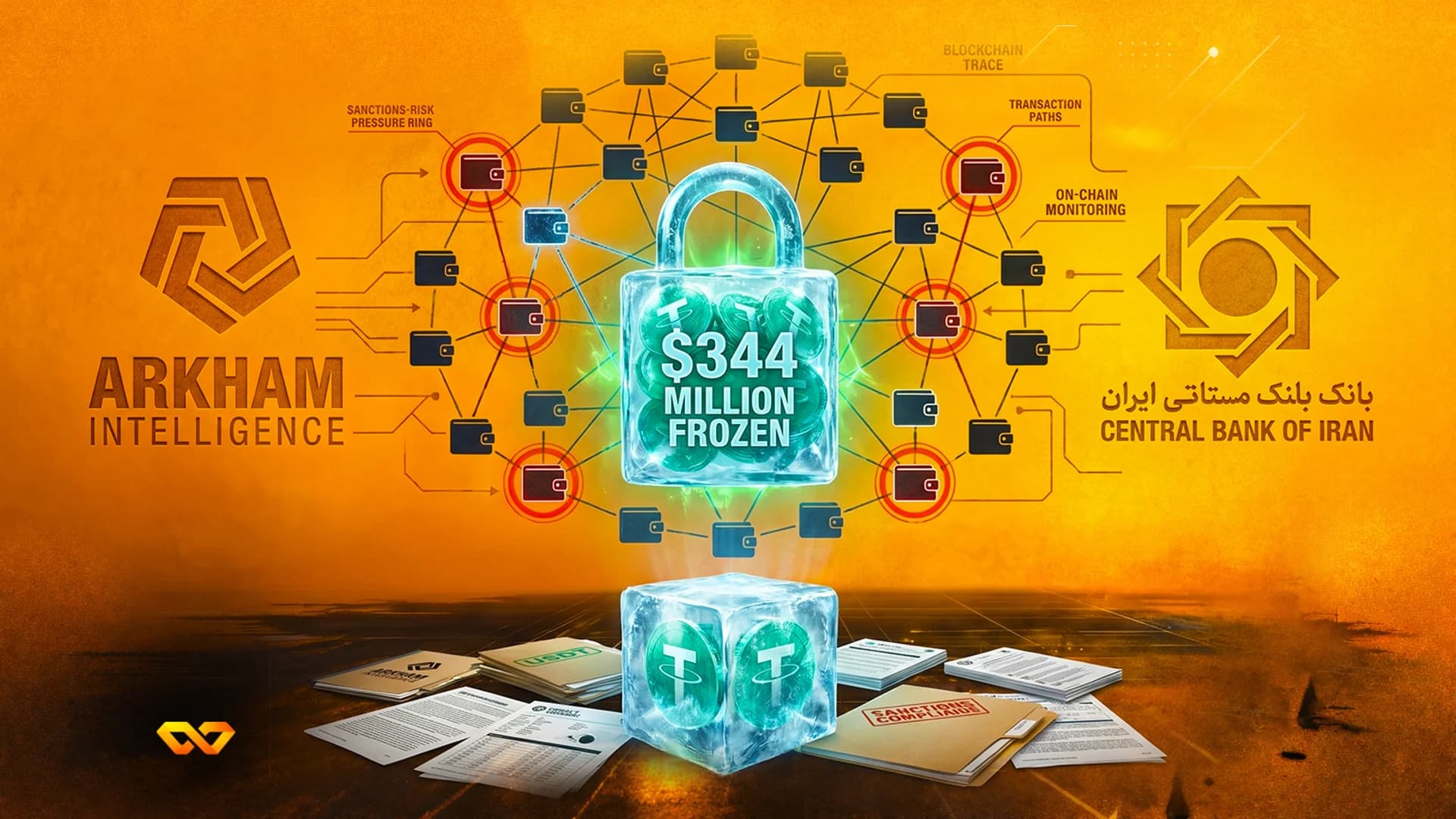 Infographic with Arkham Intelligence and Central Bank of Iran logos, a frozen padlock, and Tether coins in ice cubes.
