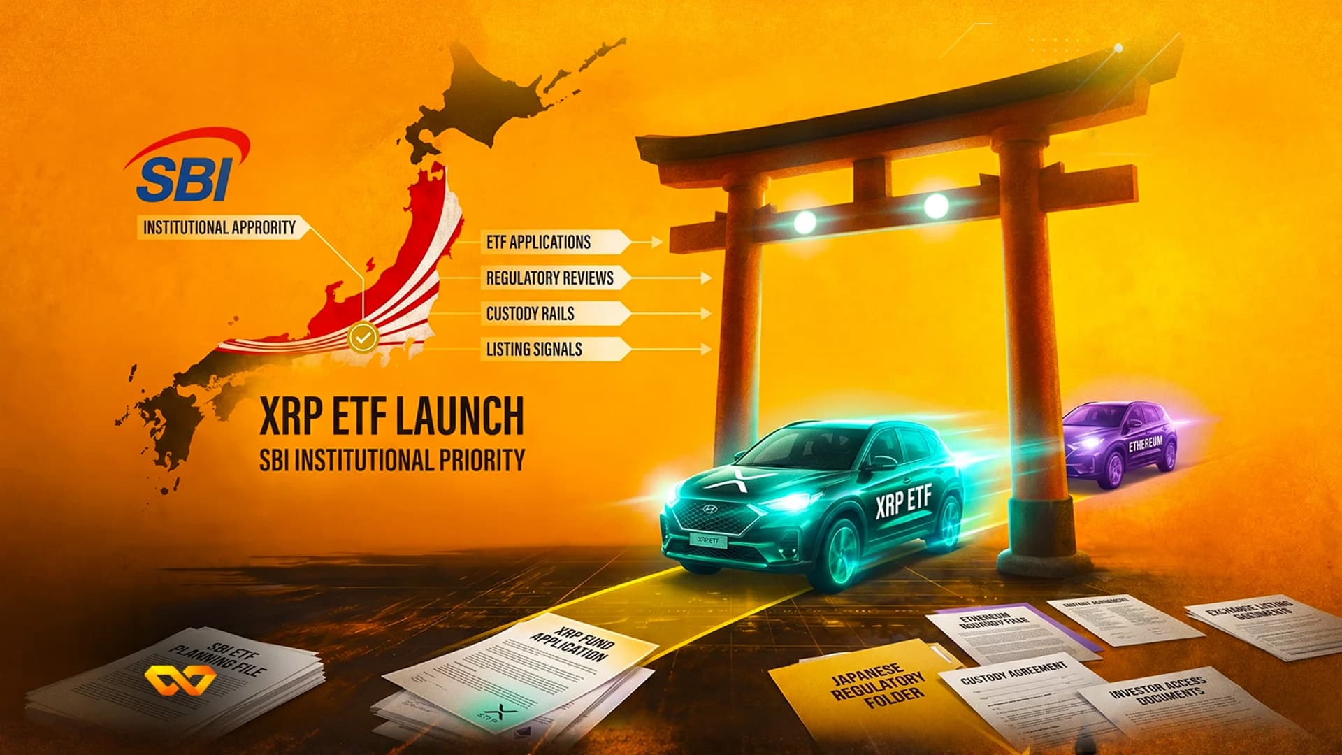Digital illustration of a car labeled XRP ETF driving through a Torii gate, with a map of Japan and financial documents.