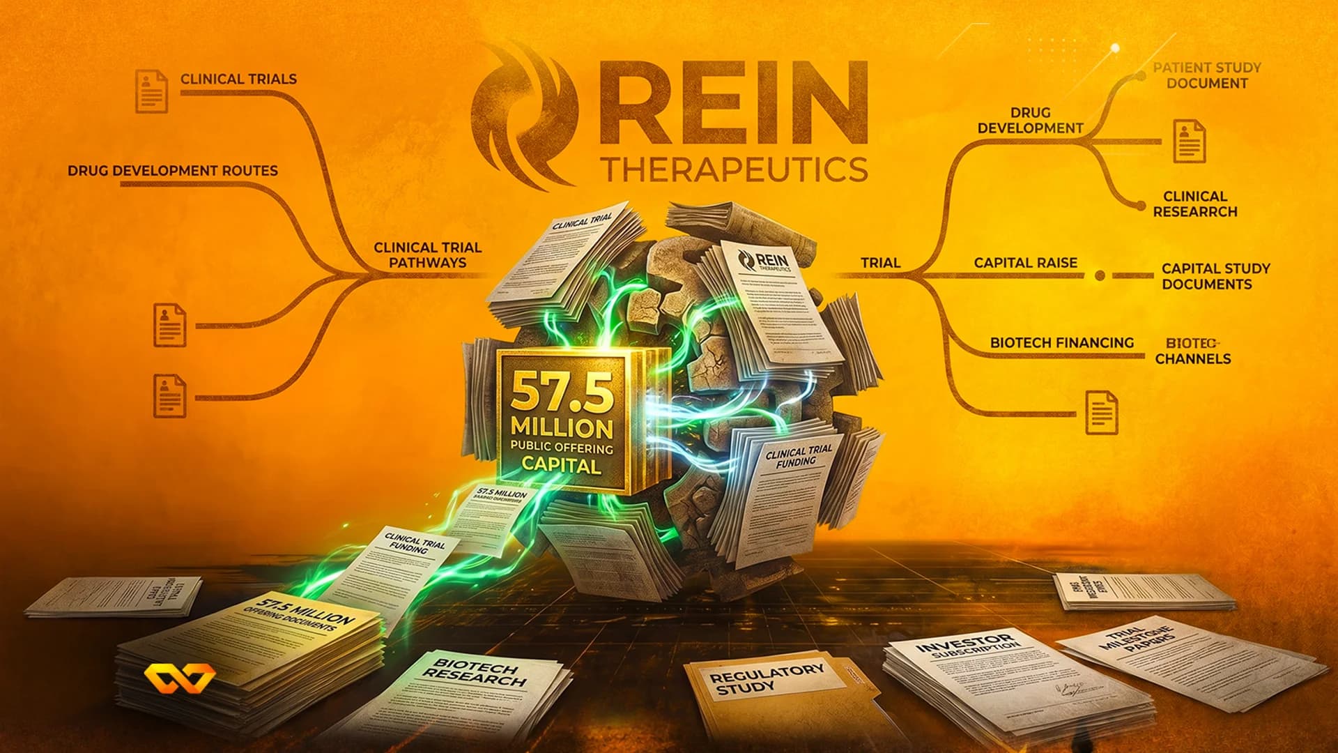 Rein Therapeutics illustration showing a golden cube for 57.5 million capital surrounded by documents.