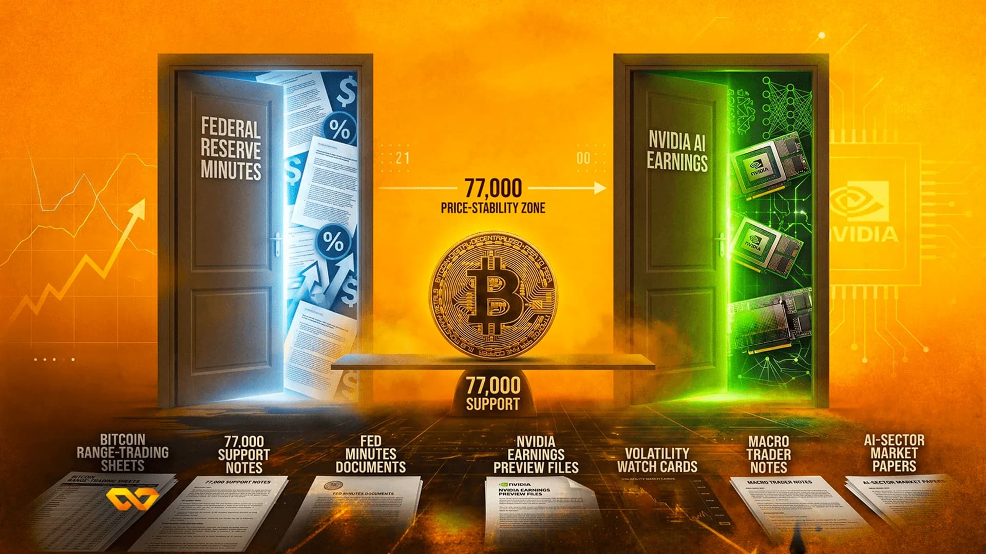 Bitcoin coin on a pedestal between doors for Federal Reserve Minutes and Nvidia AI Earnings on an orange background.