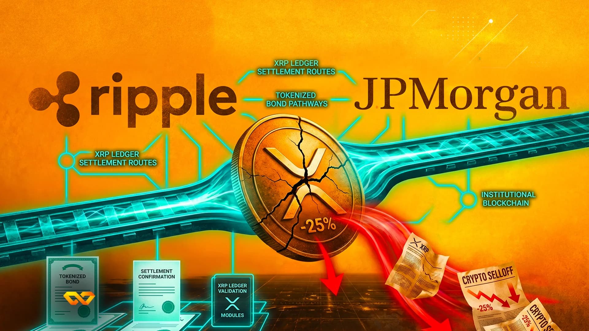 Ripple and JPMorgan logos connected by blue tracks above a cracked XRP coin and red downward arrows.