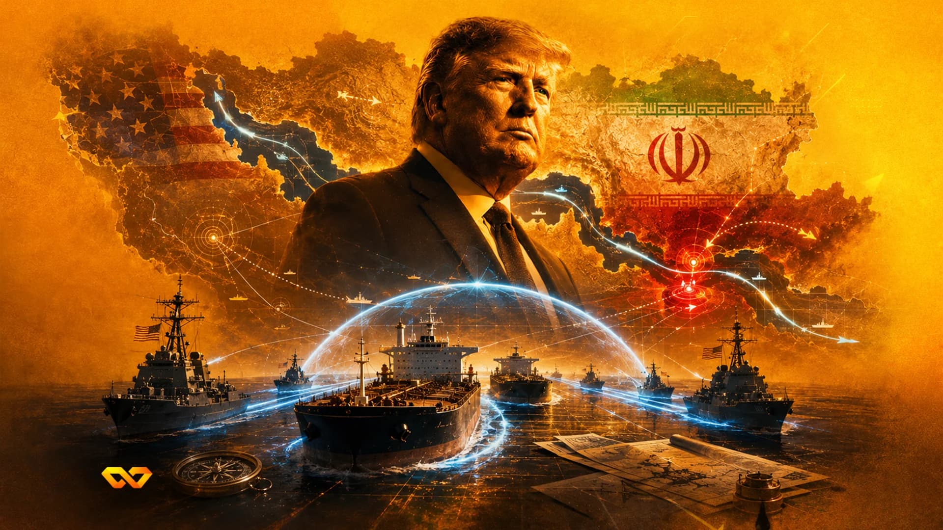 Donald Trump centered against a backdrop of an Iranian flag map, oil refineries, and a rising financial chart.