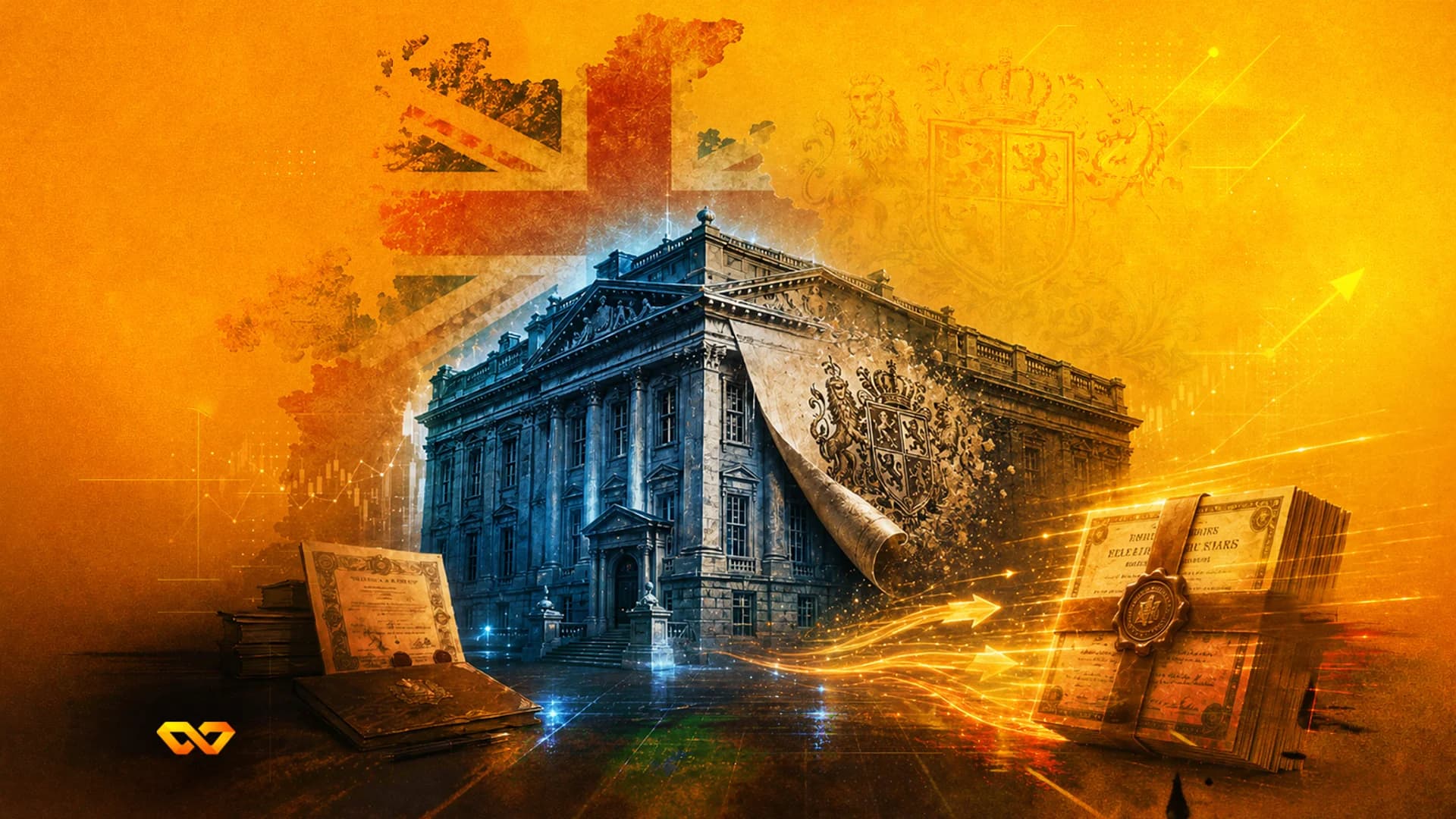 Classical building in front of a stylized Union Jack flag with stacks of sealed documents and glowing light trails.
