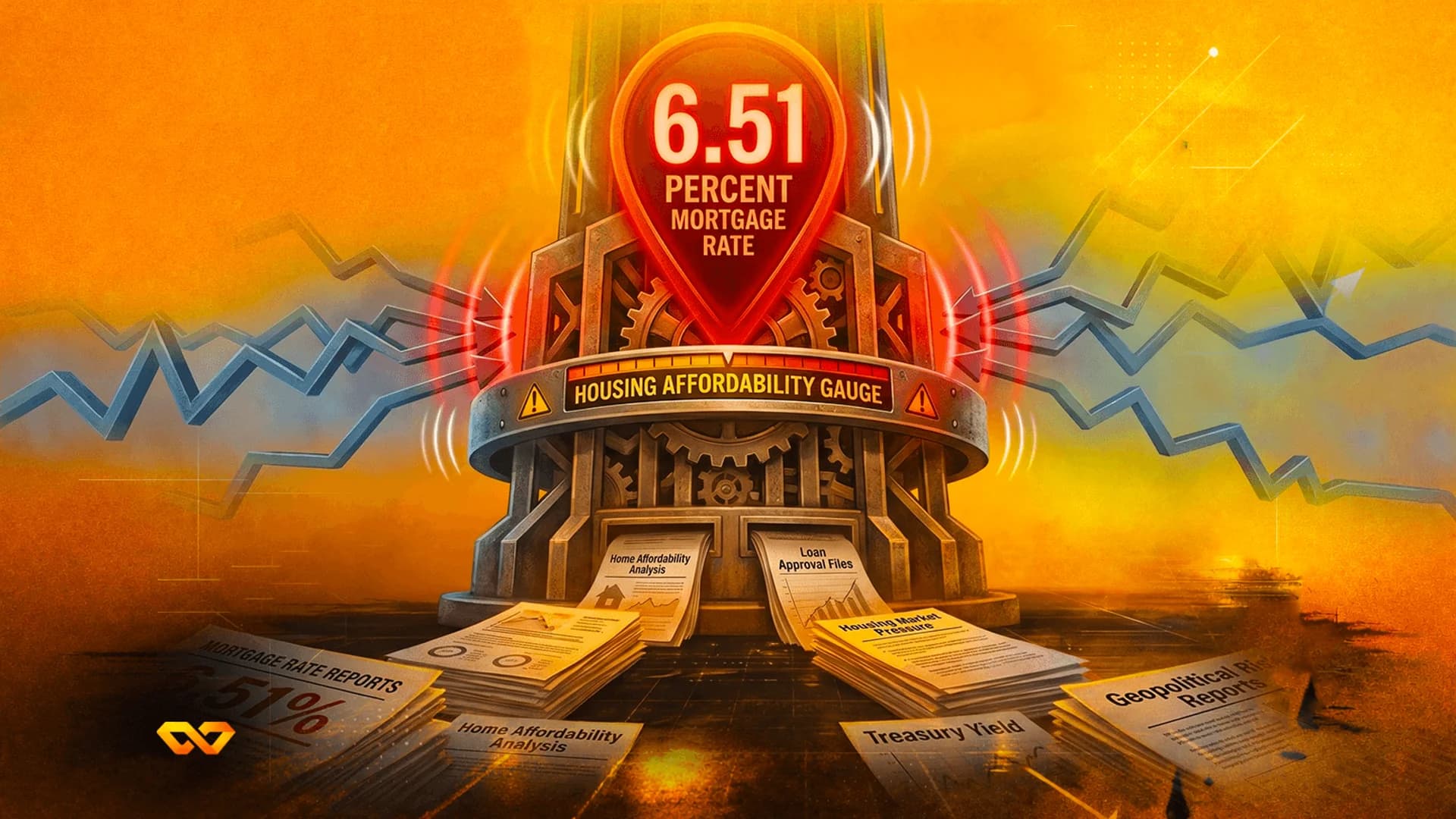Illustration of a mechanical tower with a red marker showing 6.51 percent mortgage rate amidst stacks of reports.