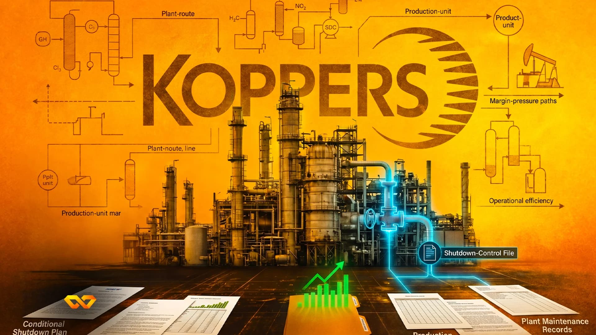 Industrial plant illustration with Koppers logo, technical diagrams, financial charts, and corporate documents.