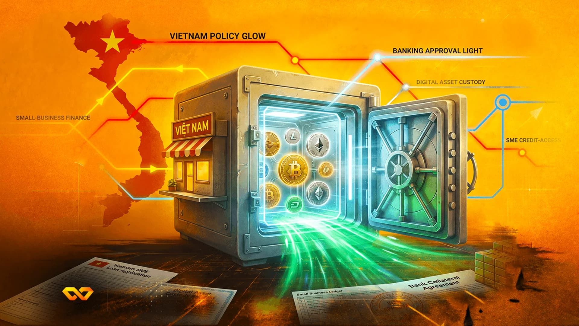 An open vault glowing with cryptocurrency icons next to a map of Vietnam and financial documents on an orange background.