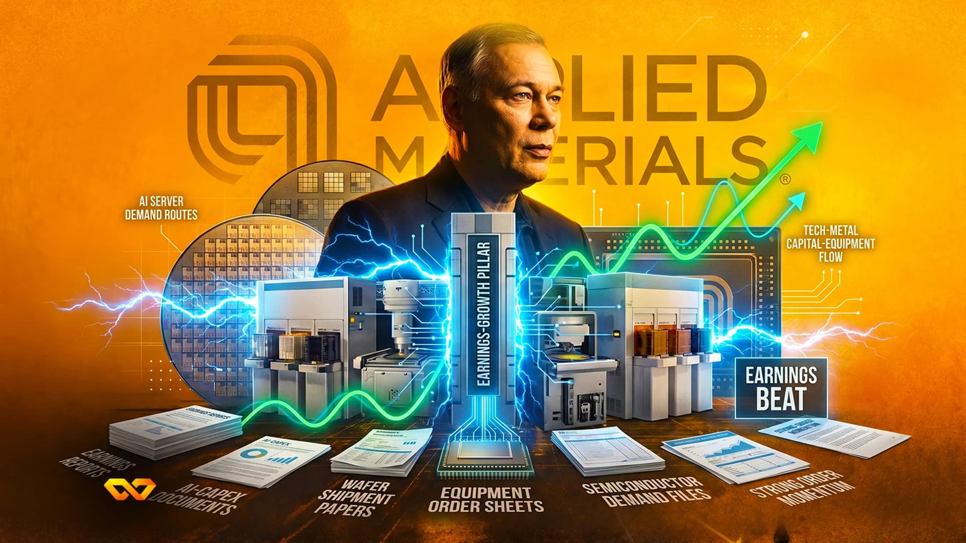 Portrait of a man over the Applied Materials logo with semiconductor machinery, wafers, and a rising green chart.