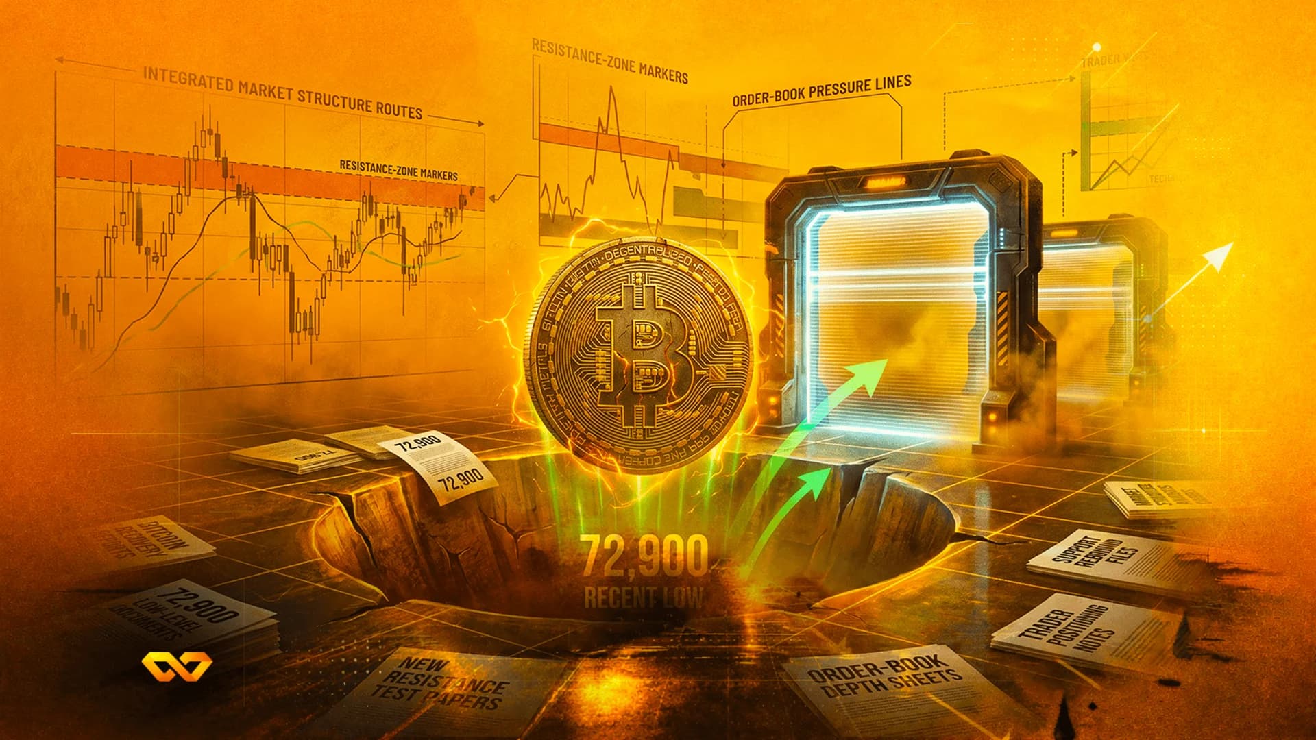 Bitcoin coin floating over a crater labeled 72,900 with green arrows pointing to glowing gates and financial charts.