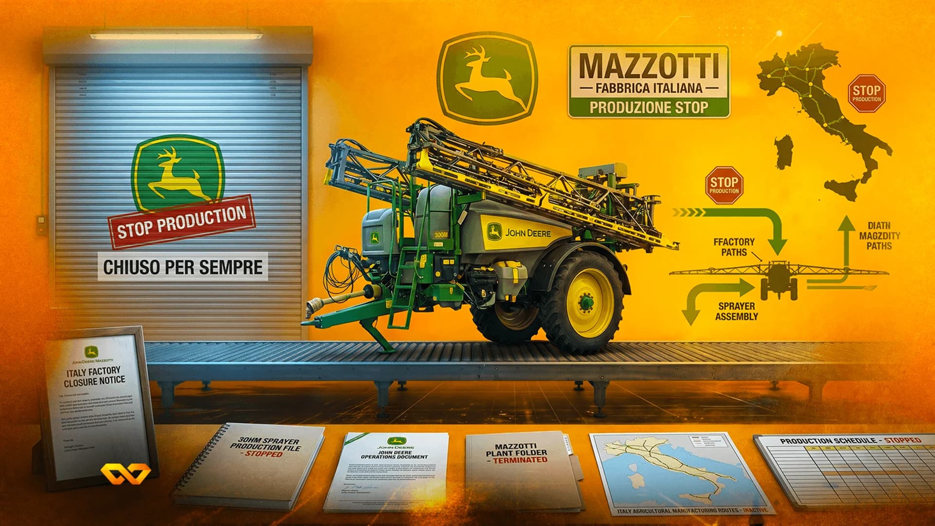 John Deere sprayer on a conveyor belt in a closed factory with 'Stop Production' signs and closure notices.
