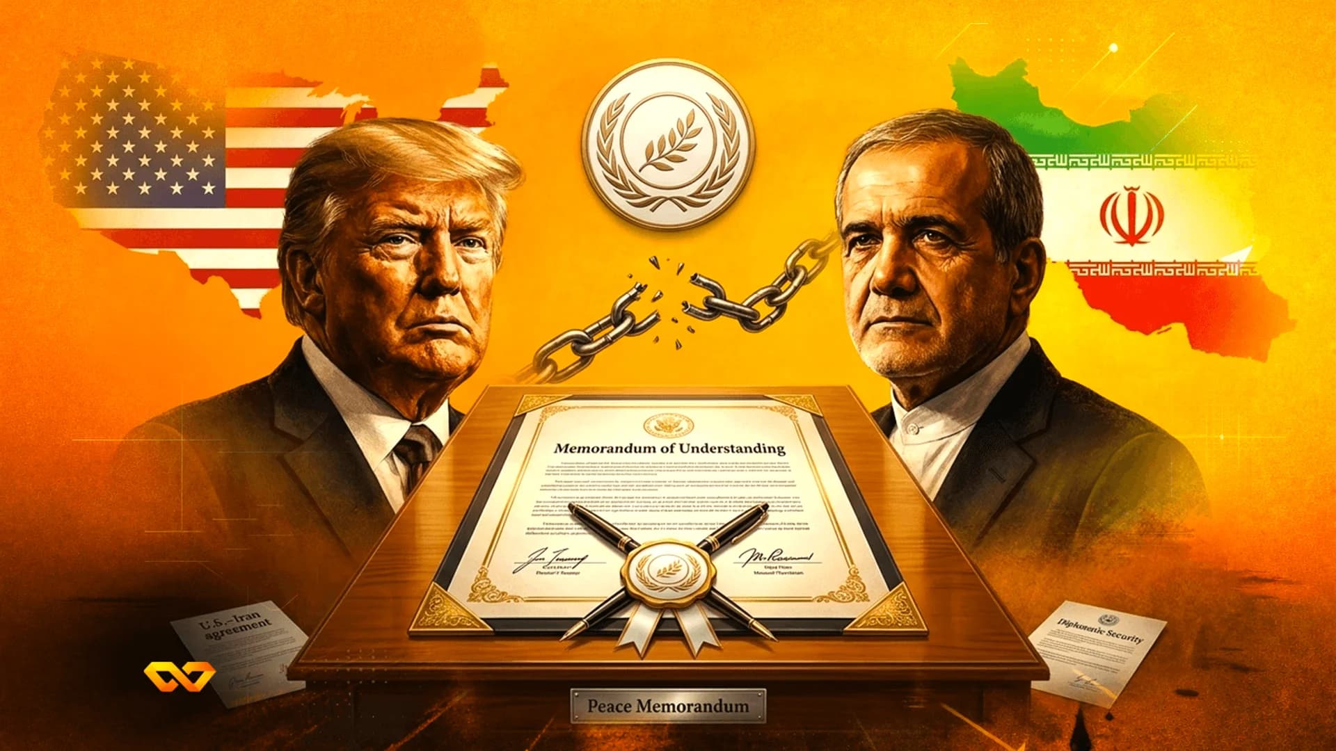 رسم رقمي لدونالد ترامب وزعيم إيراني مع مذكرة تفاهم وسلاسل مكسورة بينهما.