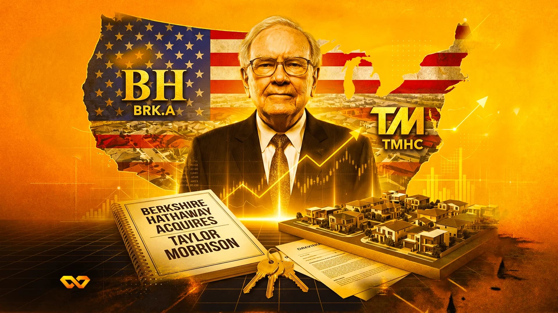 Warren Buffett portrait over a US map with Berkshire Hathaway and Taylor Morrison logos, housing models, and keys.