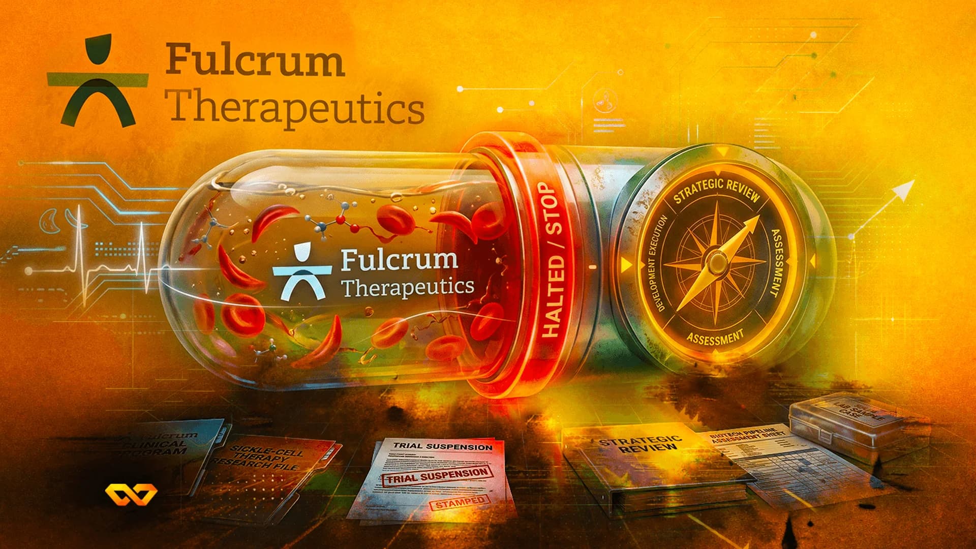 رسم توضيحي لكبسولة شركة Fulcrum Therapeutics مع خلايا دم حمراء، وقرص بوصلة، ومستندات تعليق التجارب السريرية.
