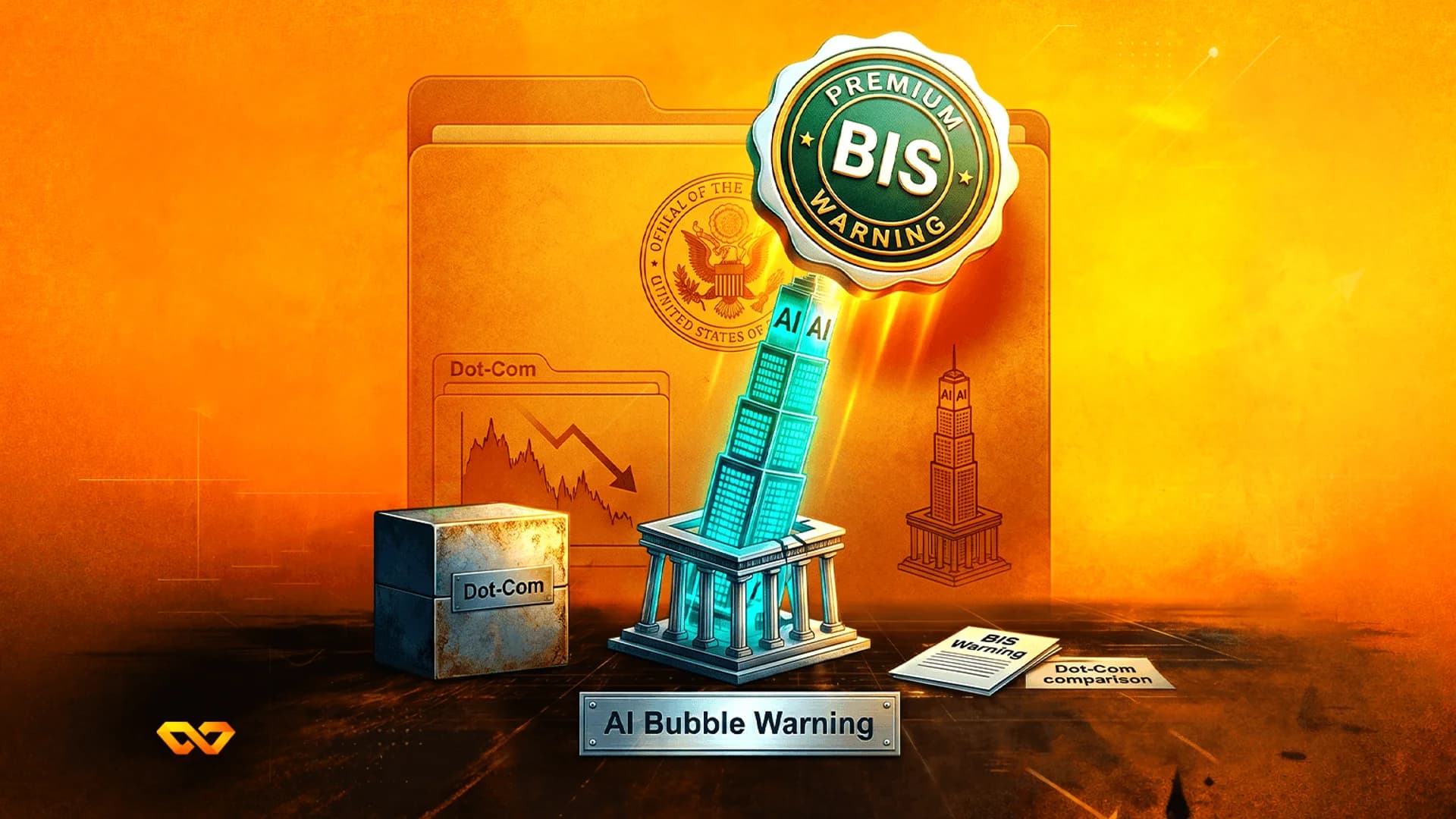برج أزرق متوهج يحمل علامة AI يرتفع من قاعدة حجرية، مع ختم تحذير BIS ورسم بياني لانهيار فقاعة الدوت كوم.