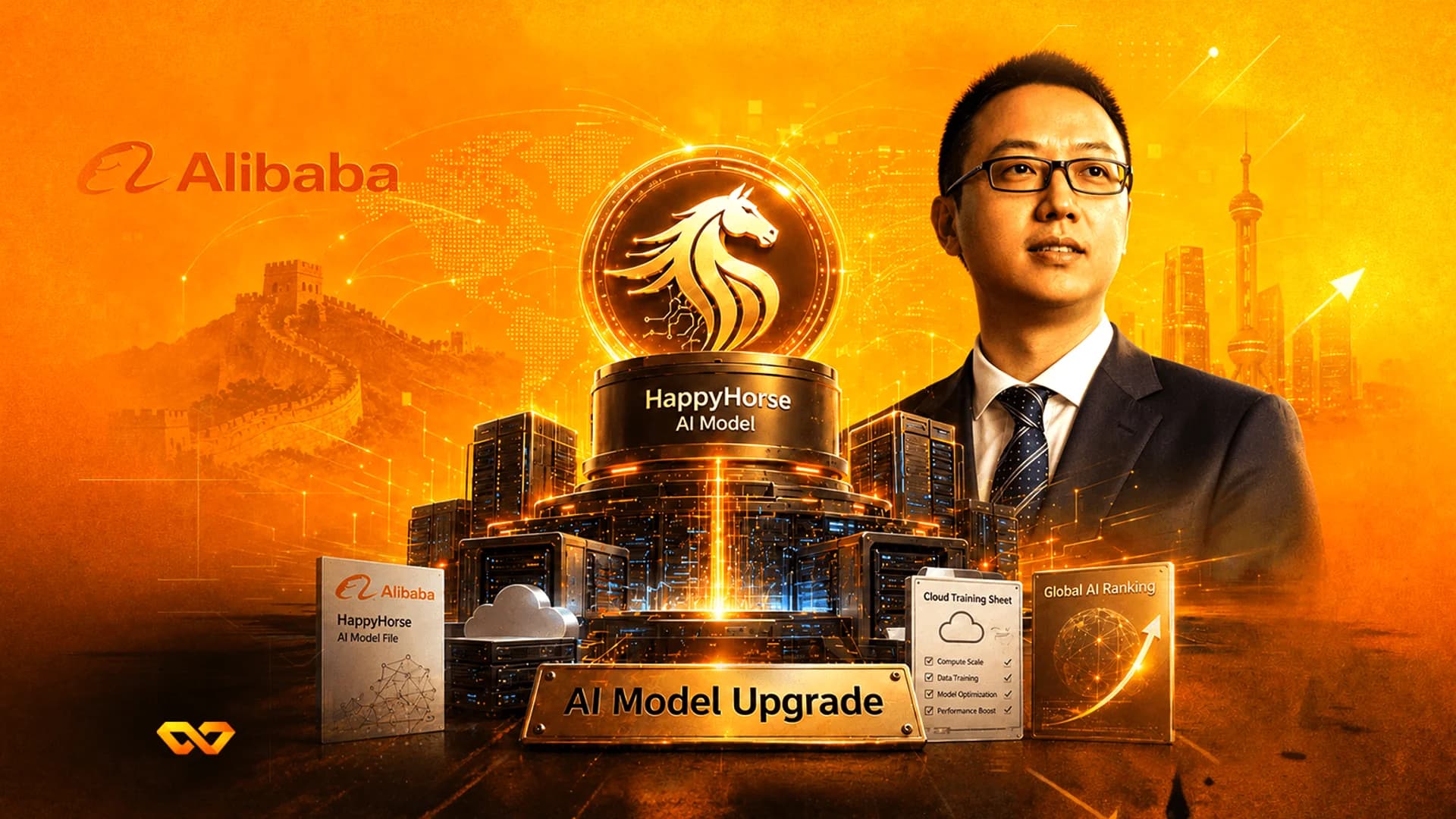 Man in a suit next to an Alibaba logo, a golden horse emblem, and server racks against an orange digital backdrop.