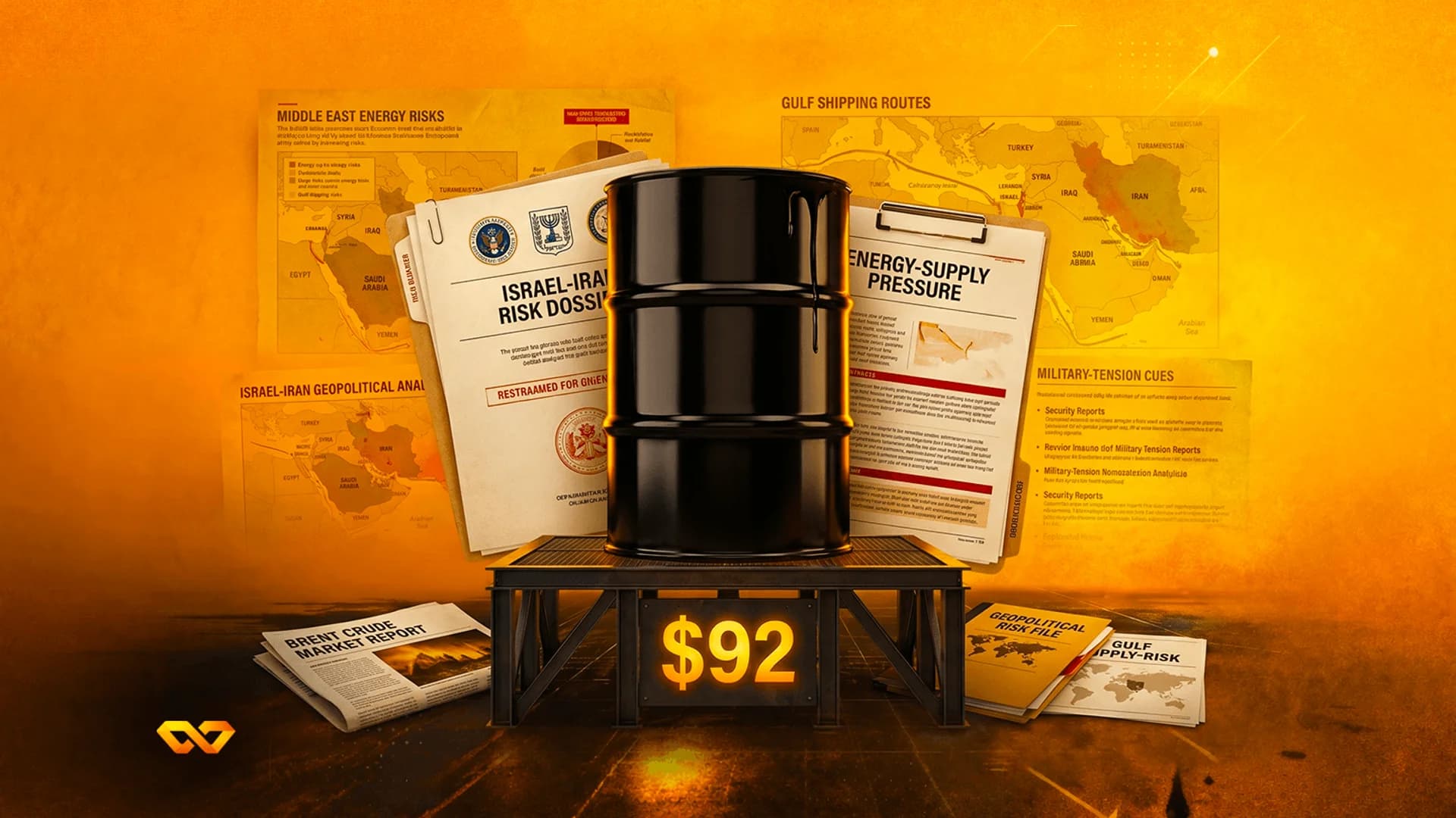 A black oil barrel on a platform displaying $92, surrounded by maps and documents about Middle East energy risks.