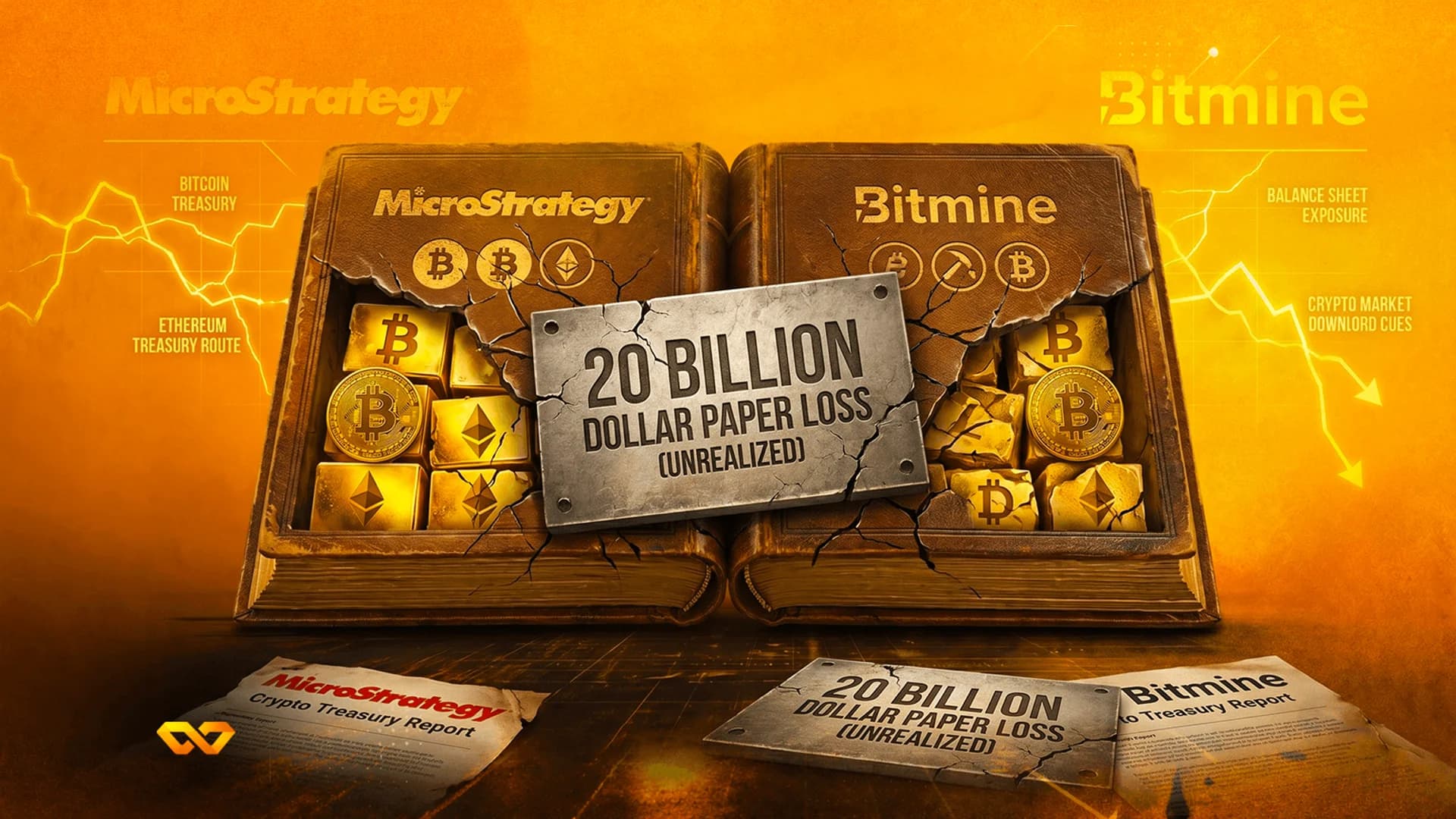 Illustration of a cracked book filled with gold Bitcoin and Ethereum coins, labeled with MicroStrategy and Bitmine.