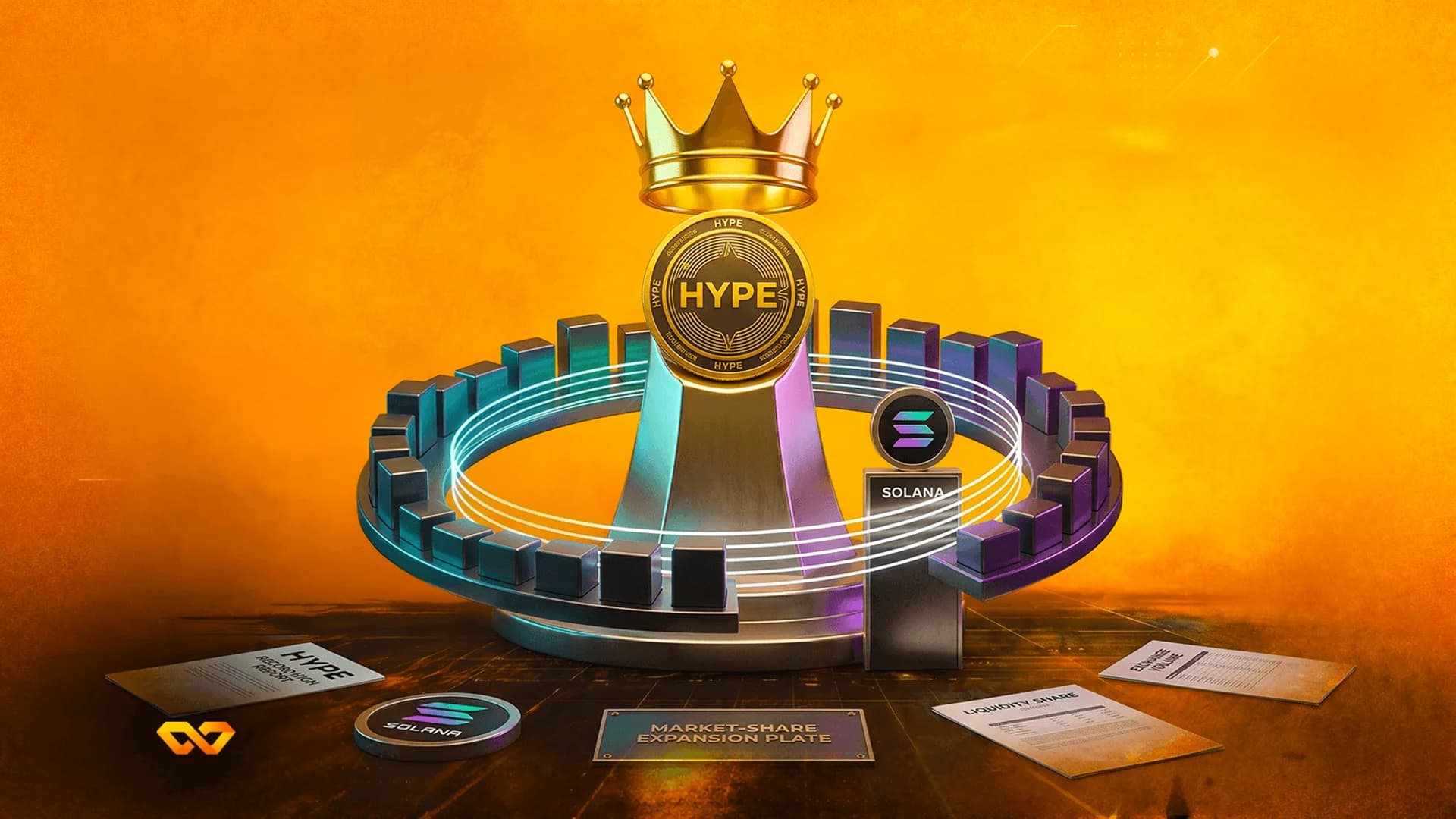 Gold HYPE coin with a crown on a pedestal, Solana logo nearby, surrounded by grey blocks and financial documents.