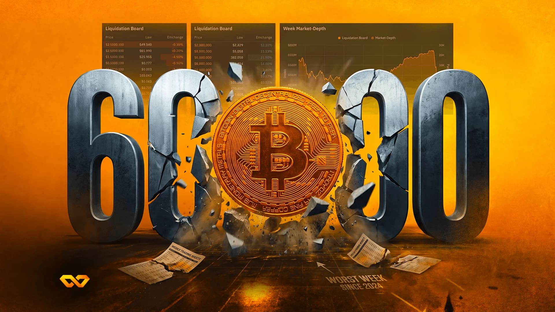 Gold Bitcoin coin breaking through large, cracked 3D metal numbers '60000' against an orange background with charts.