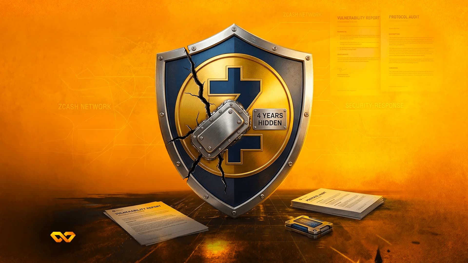 A cracked blue and silver shield featuring a gold Zcash logo, surrounded by security reports on an orange background.