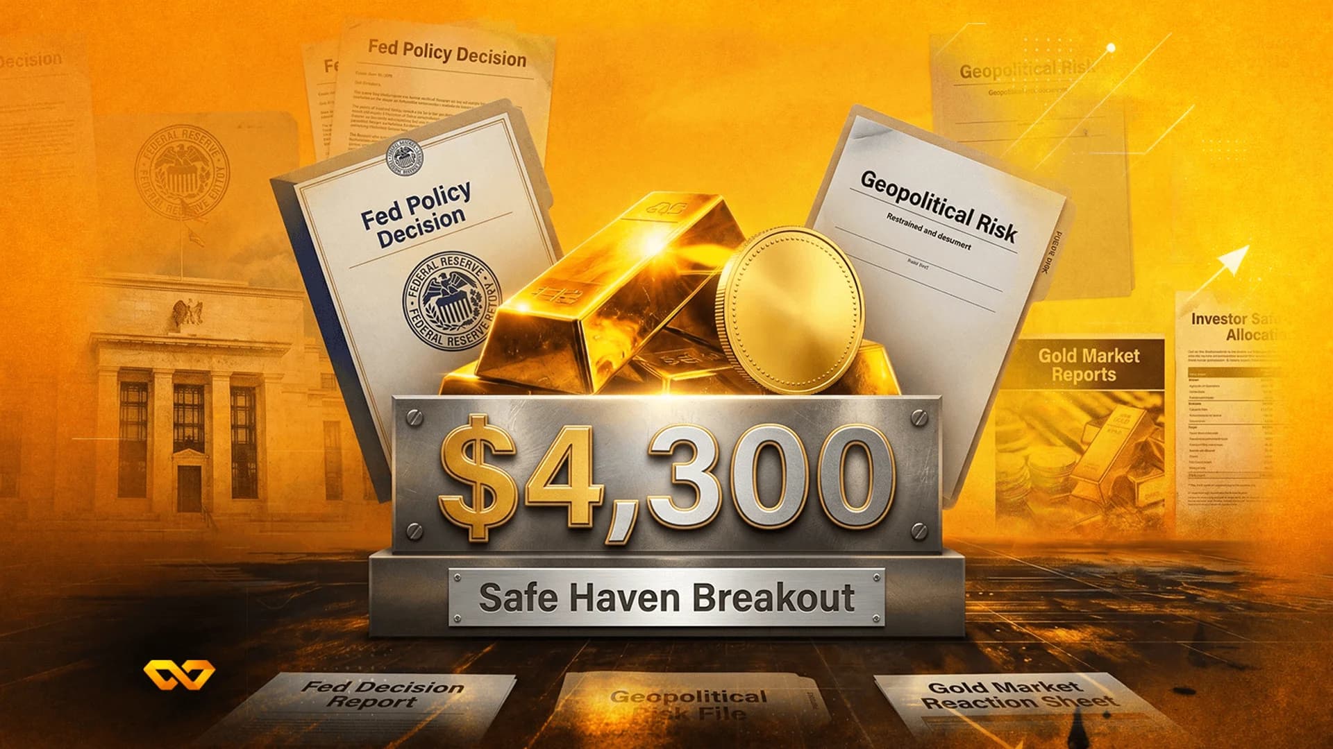 Gold bars and a coin rest behind a metal sign reading $4,300 Safe Haven Breakout amidst financial documents.