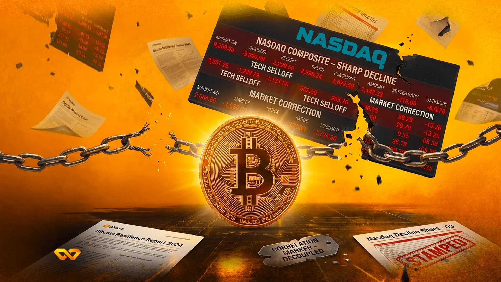 A gold Bitcoin coin breaks a metal chain in front of a shattered Nasdaq stock market display on an orange background.