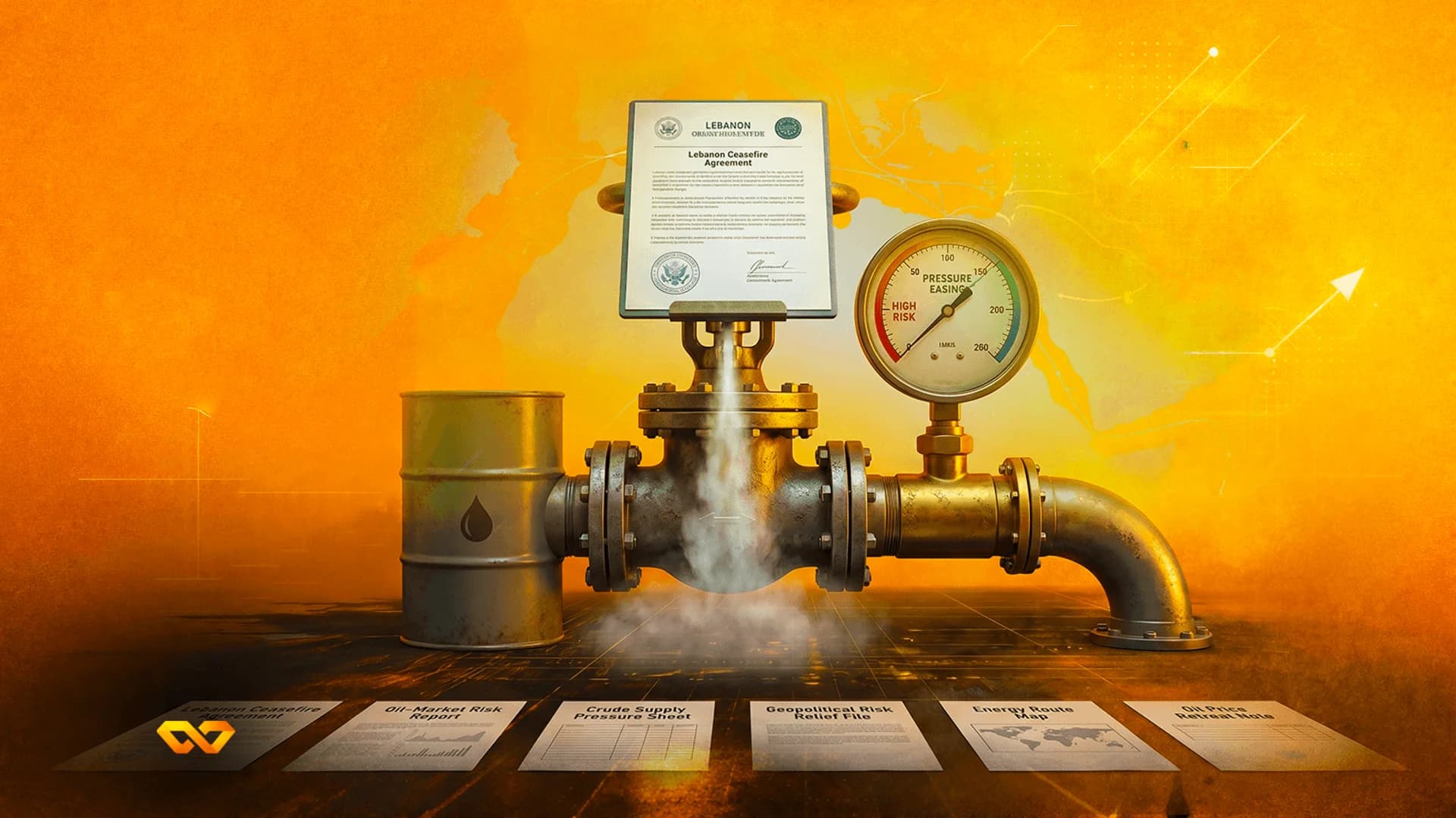 Oil pipeline valve with a pressure gauge reading 'Pressure Easing' next to a Lebanon Ceasefire Agreement document.