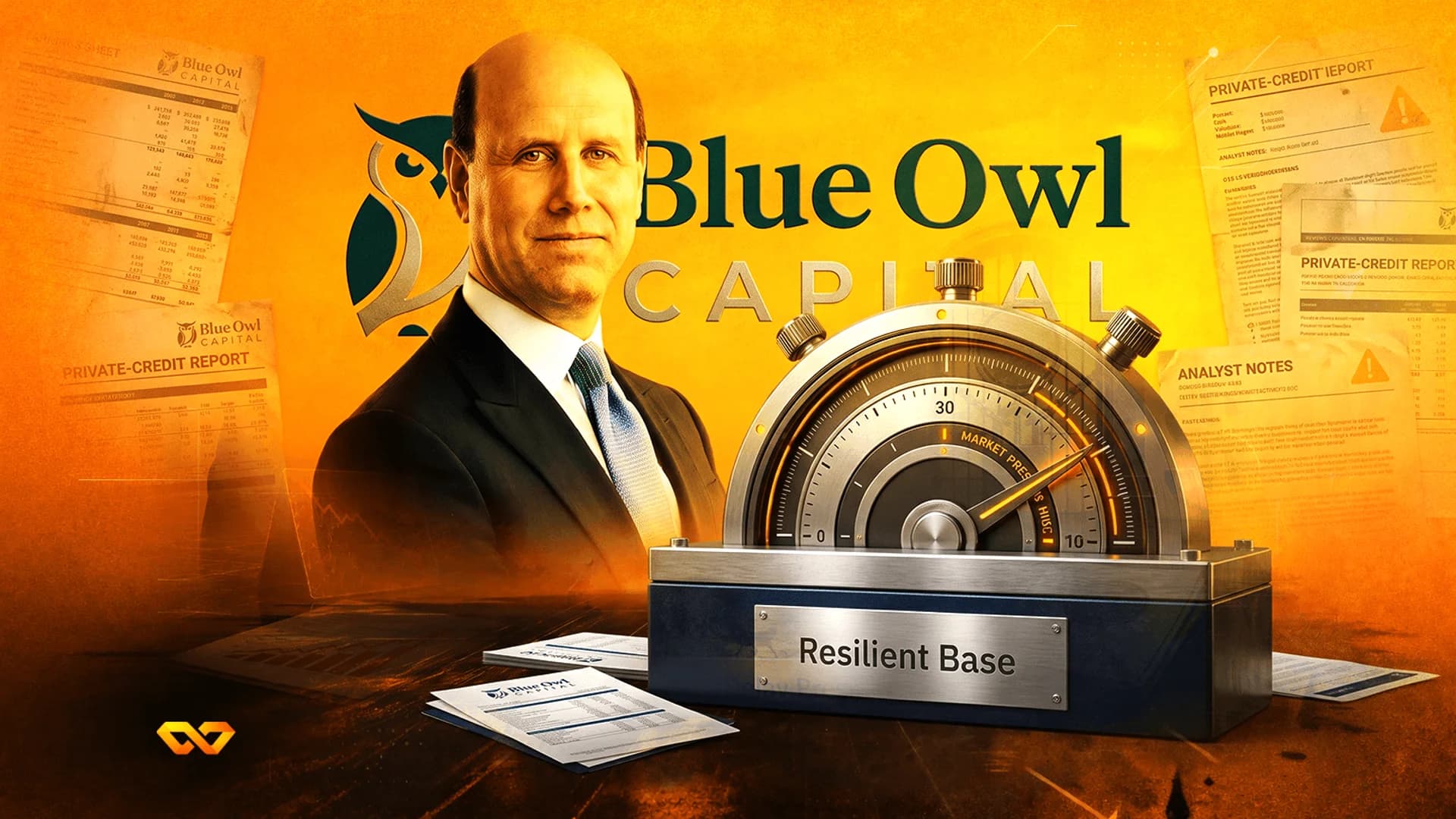Portrait of a man in a suit next to a Blue Owl Capital logo, with financial reports and a pressure gauge.
