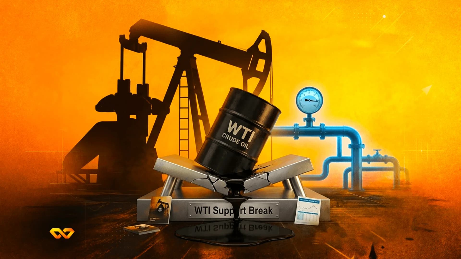 A WTI crude oil barrel crushing a metal platform labeled 'WTI Support Break' against an orange oil field background.
