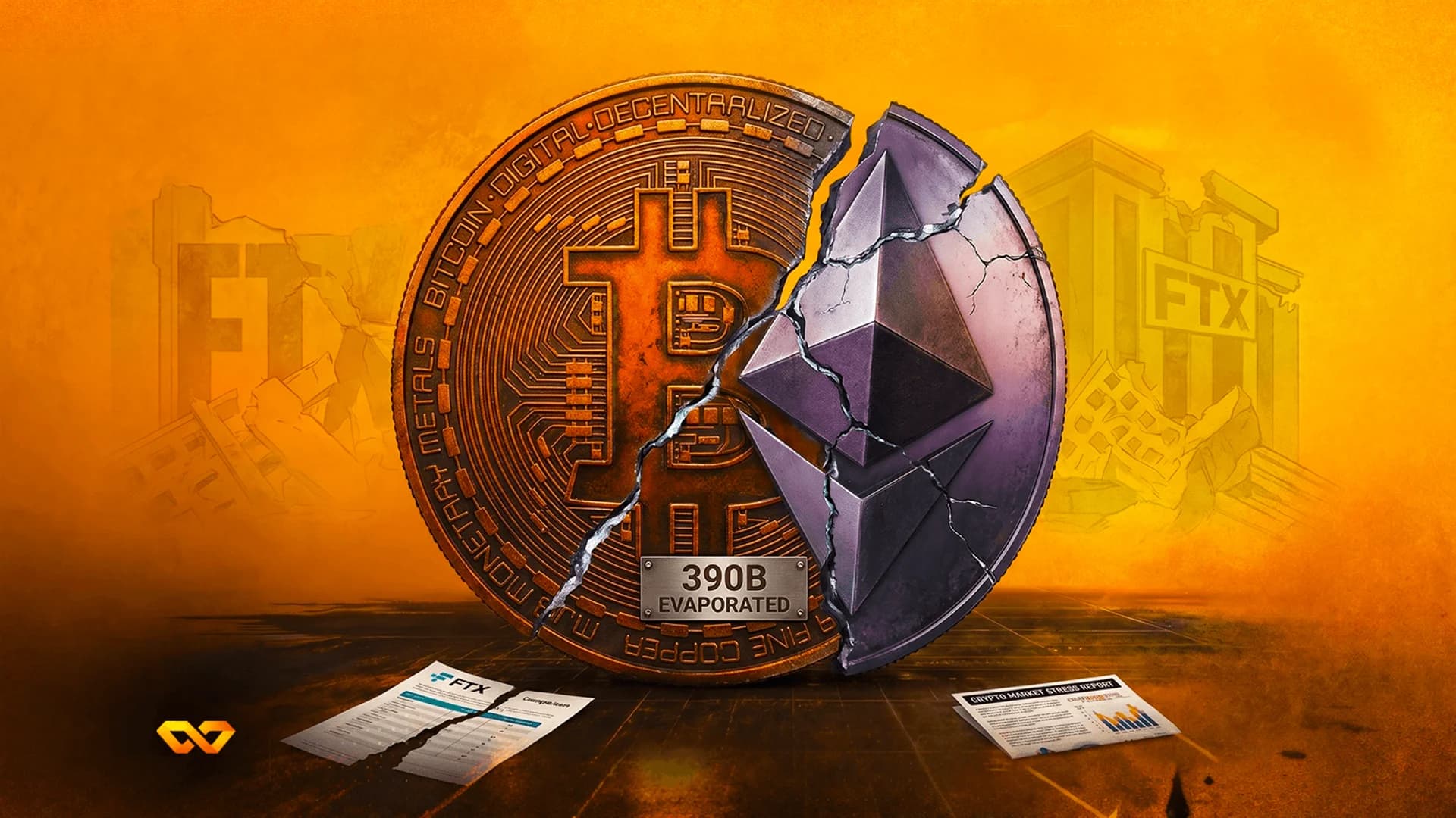 A cracked coin showing Bitcoin and Ethereum logos in front of ruined FTX buildings and torn documents.