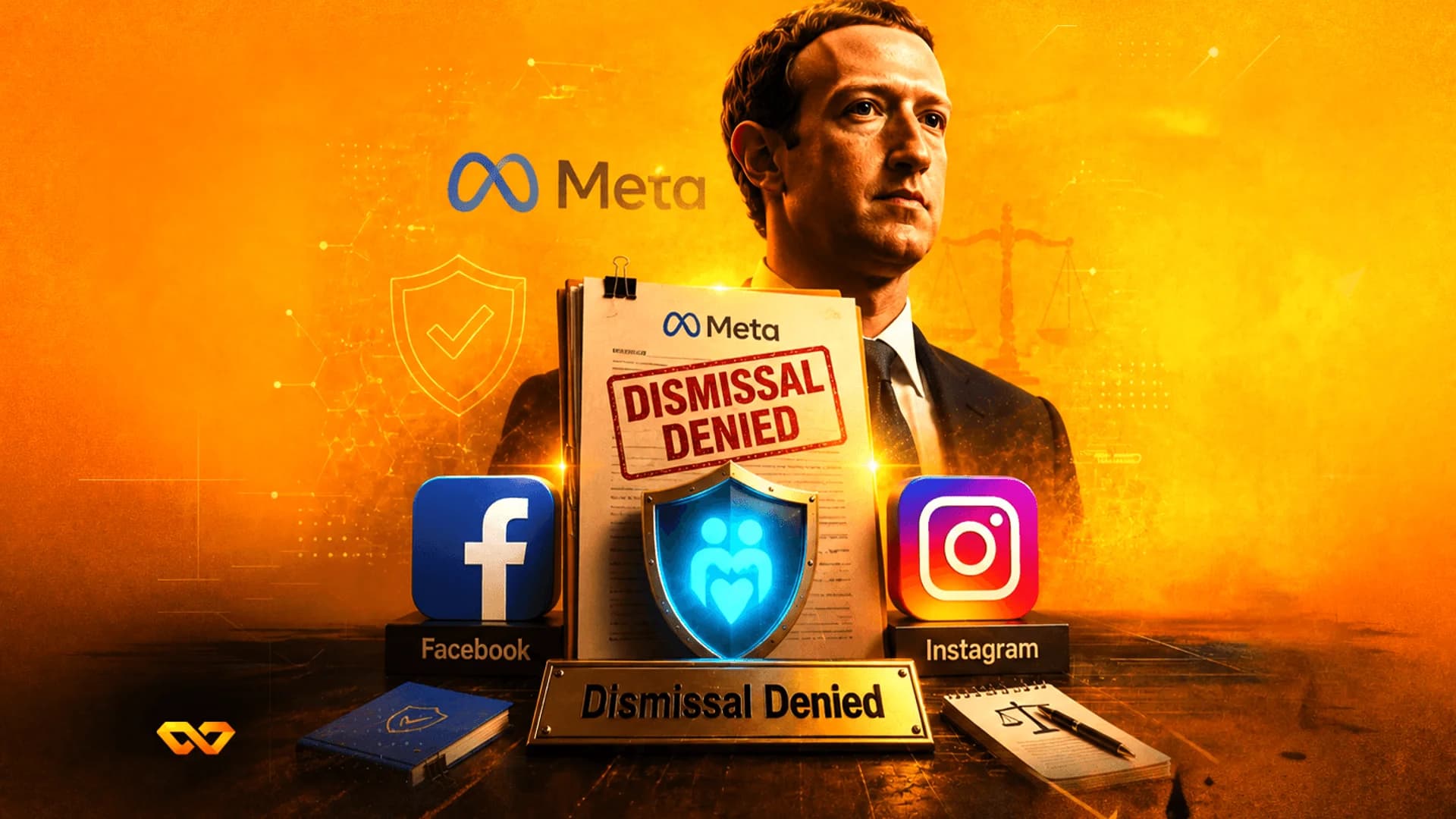 Portrait of Mark Zuckerberg behind a document stamped 'DISMISSAL DENIED' with Meta, Facebook, and Instagram logos.