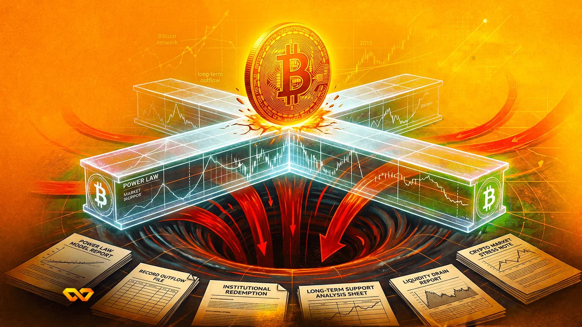Gold Bitcoin coin on a glowing cross-shaped chart structure being sucked into a dark vortex with red arrows.
