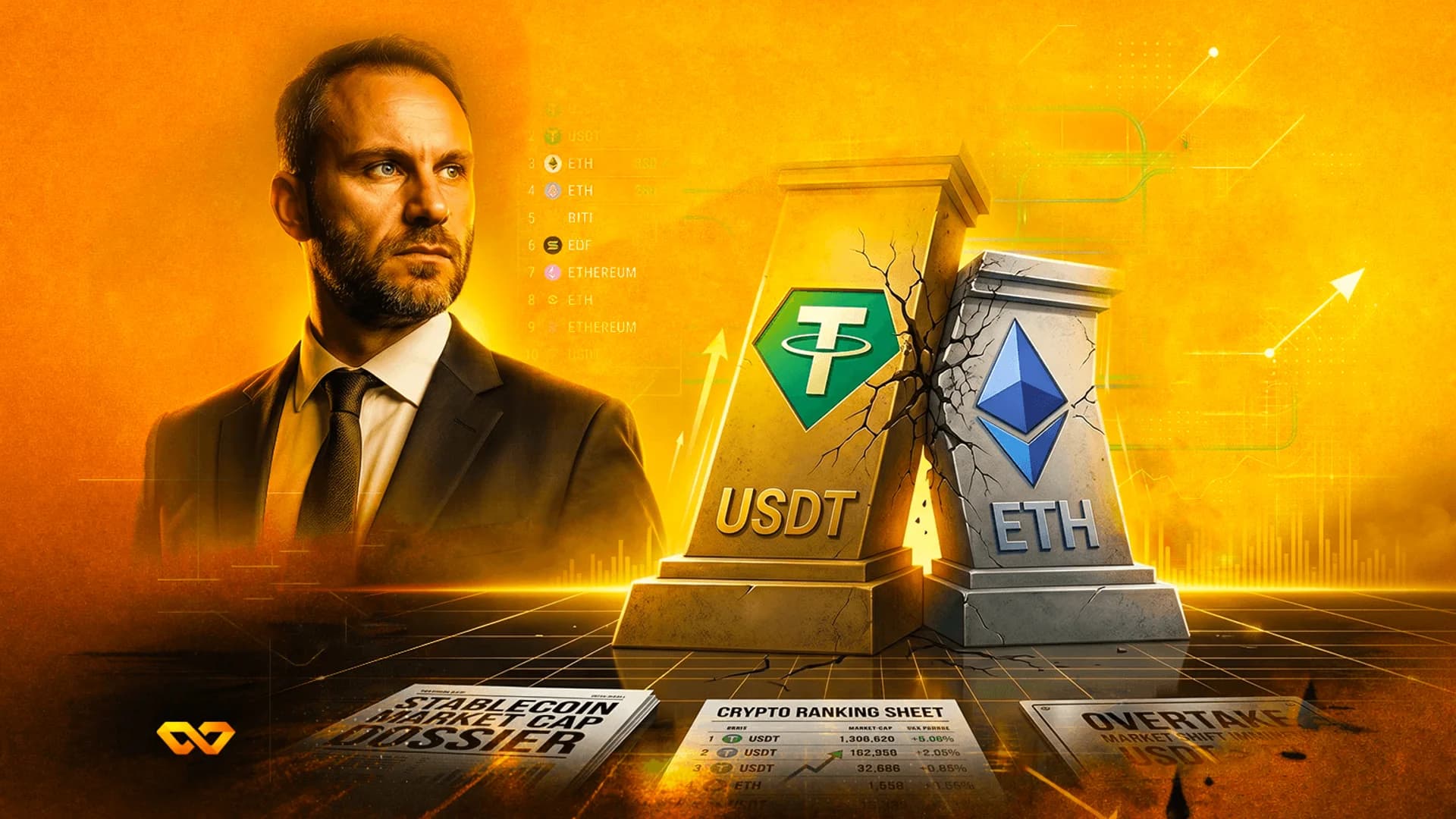 Man in a suit next to cracked stone pillars featuring Tether and Ethereum logos on a golden background.