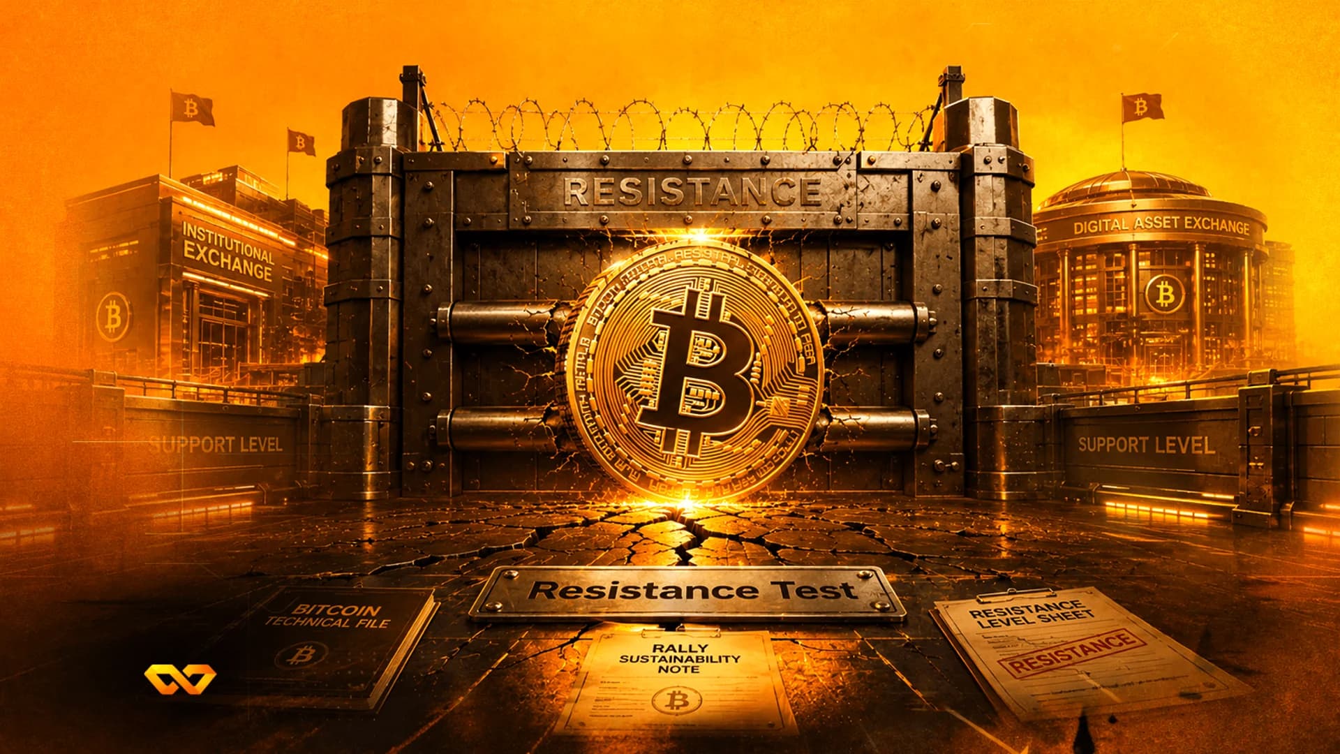 عملة بيتكوين ذهبية كبيرة تخترق بوابة معدنية ثقيلة مكتوب عليها RESISTANCE في بيئة صناعية برتقالية.