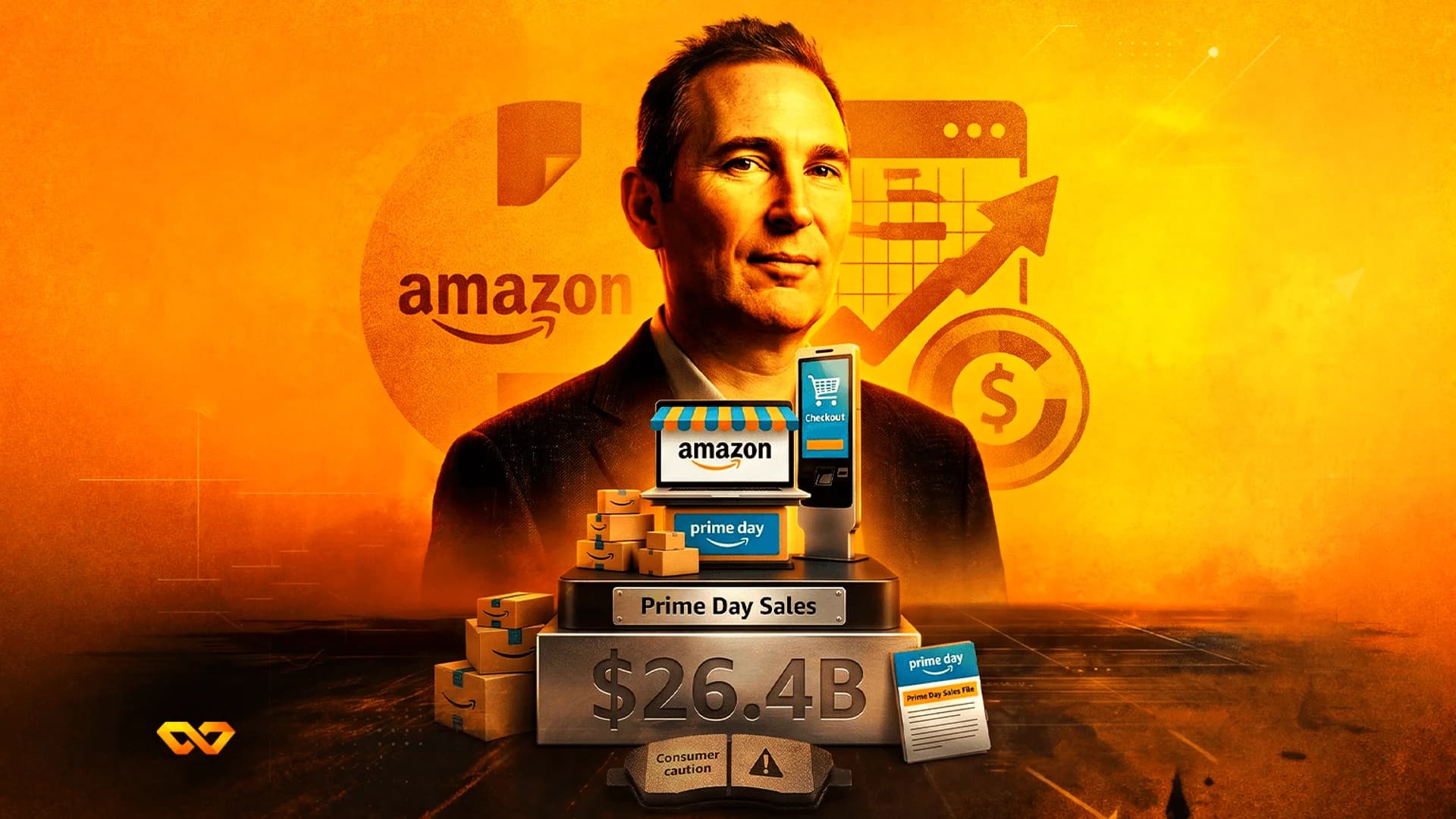 Portrait of a man over Amazon logos, delivery boxes, and text reading $26.4B Prime Day Sales on an orange background.