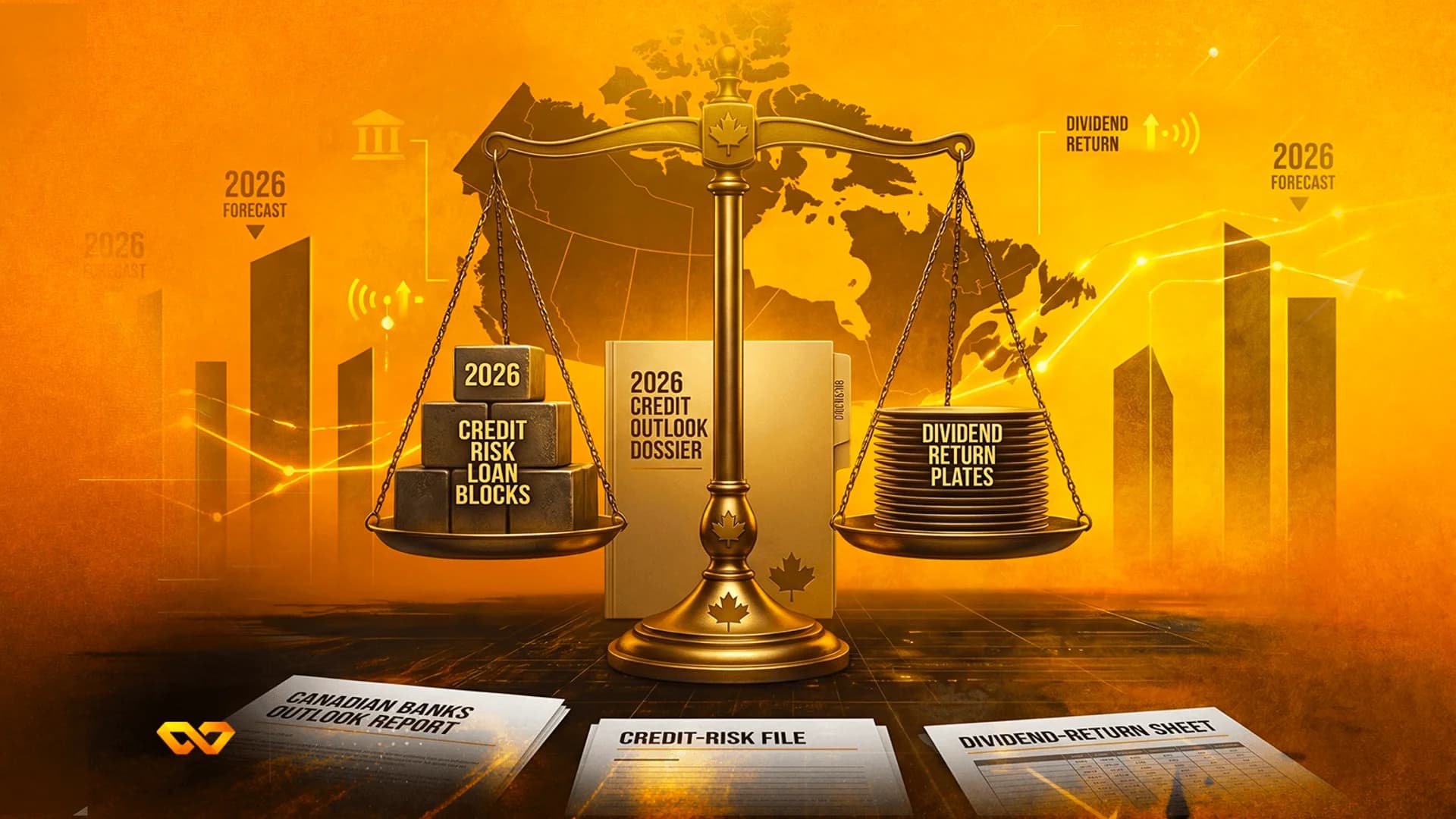 Golden scales balancing blocks and plates over a map of Canada and financial charts in an orange-toned illustration.
