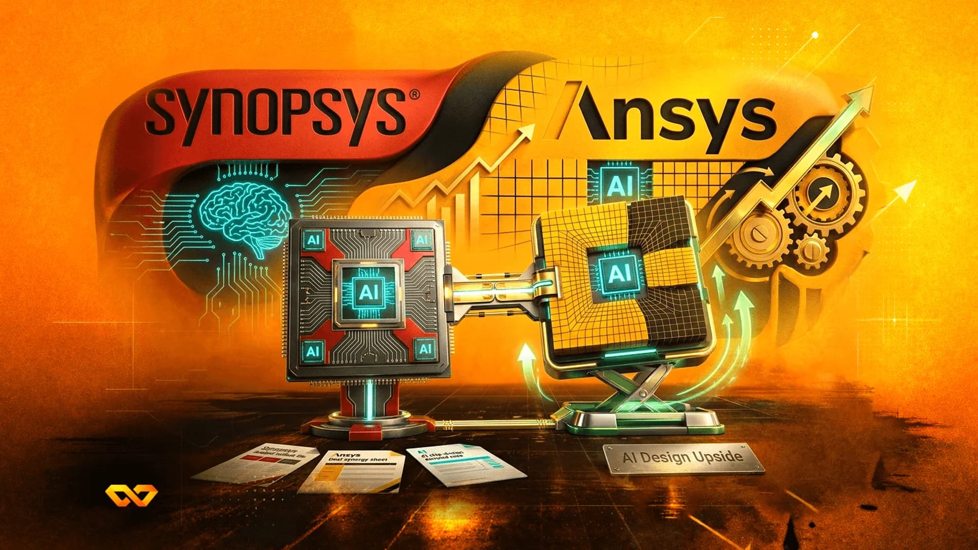 Digital illustration of Synopsys and Ansys logos with AI microchips, gears, and upward arrows on an orange background.