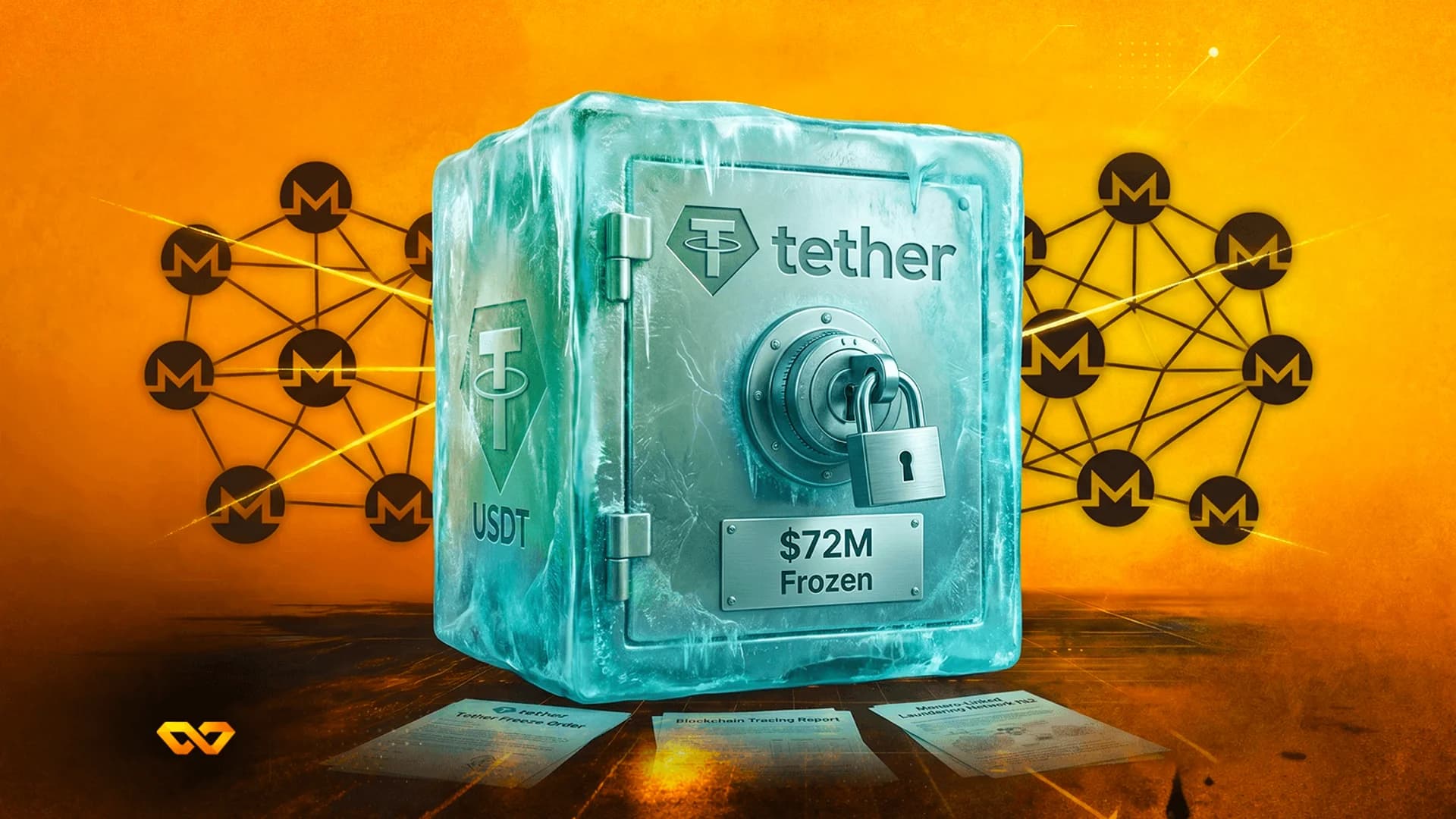A safe encased in a block of ice with the Tether logo and '$72M Frozen' text against an orange background.