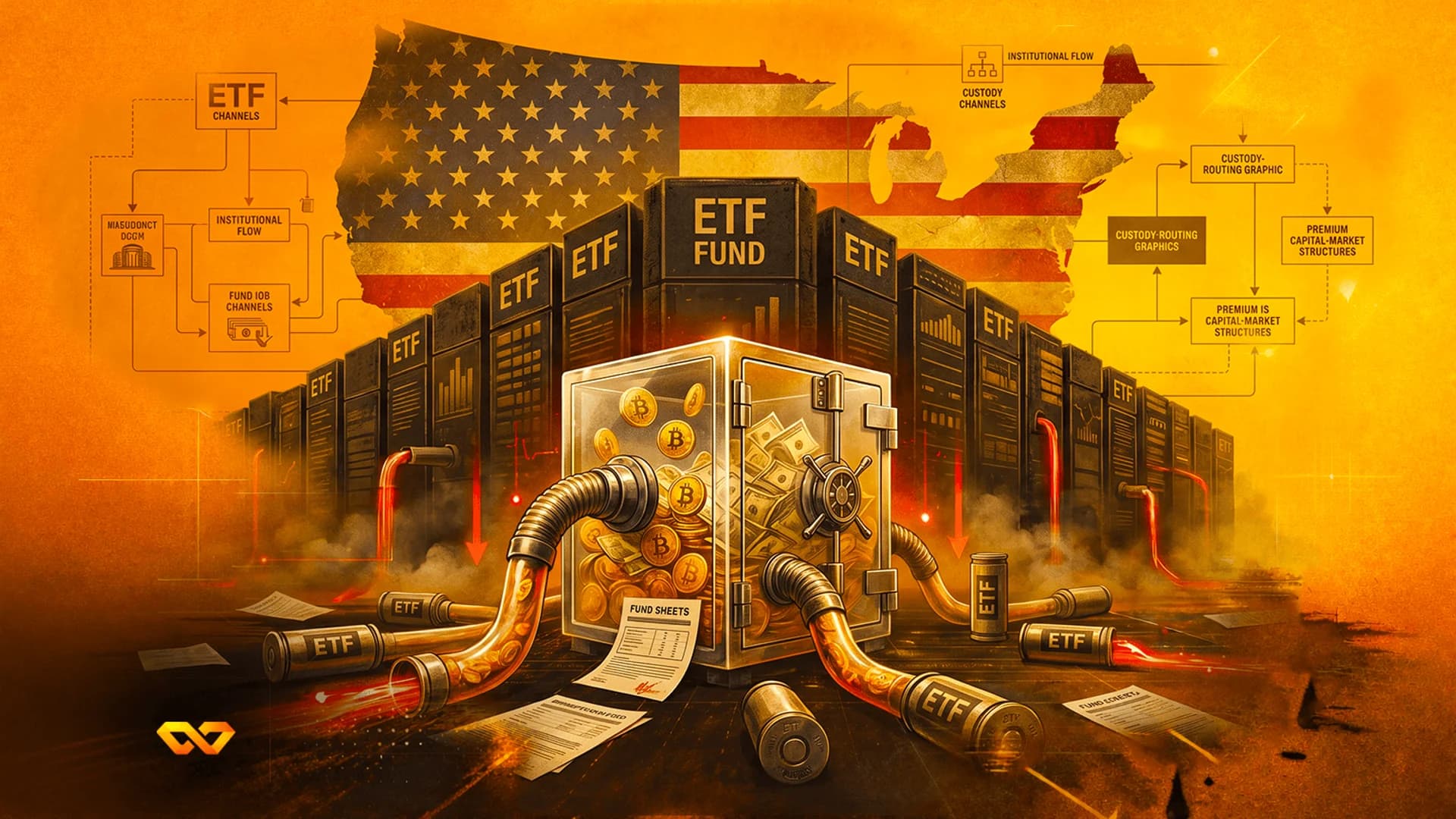 رسم رقمي لخزنة مليئة بعملات بيتكوين ونقود، متصلة بأنابيب تحمل شعار ETF أمام خريطة الولايات المتحدة.