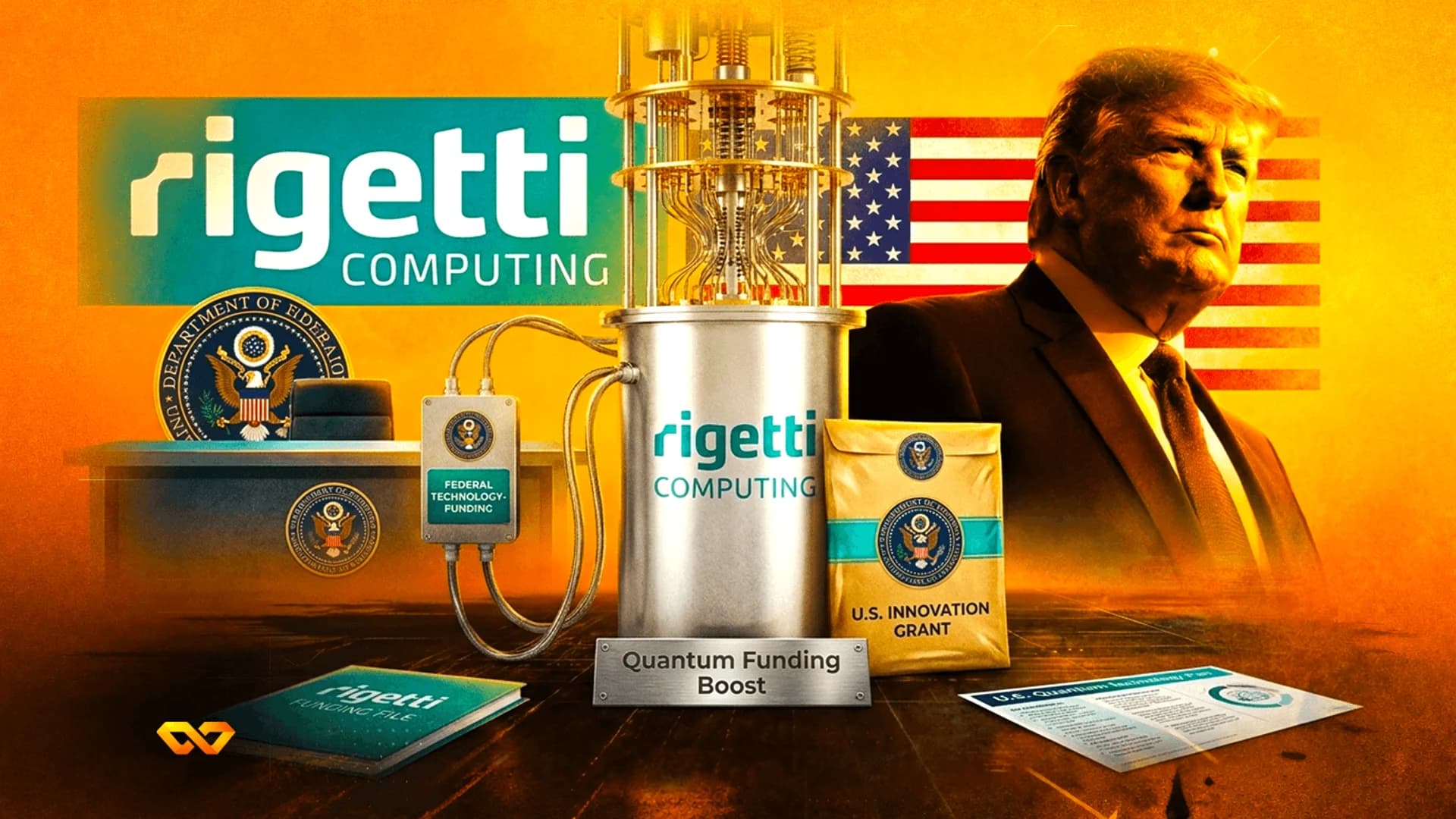 Digital collage featuring Donald Trump, the Rigetti Computing logo, a quantum computer, and a US flag.
