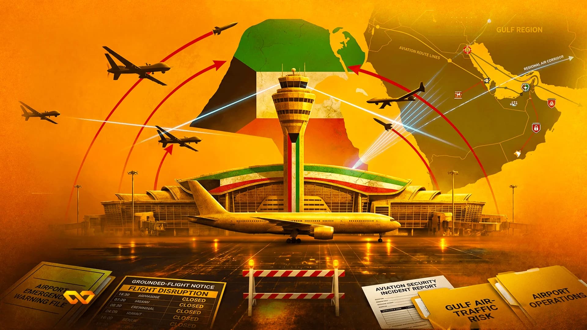 Airport scene with Kuwait flag, drones, missiles, and security reports on a yellow and orange background.